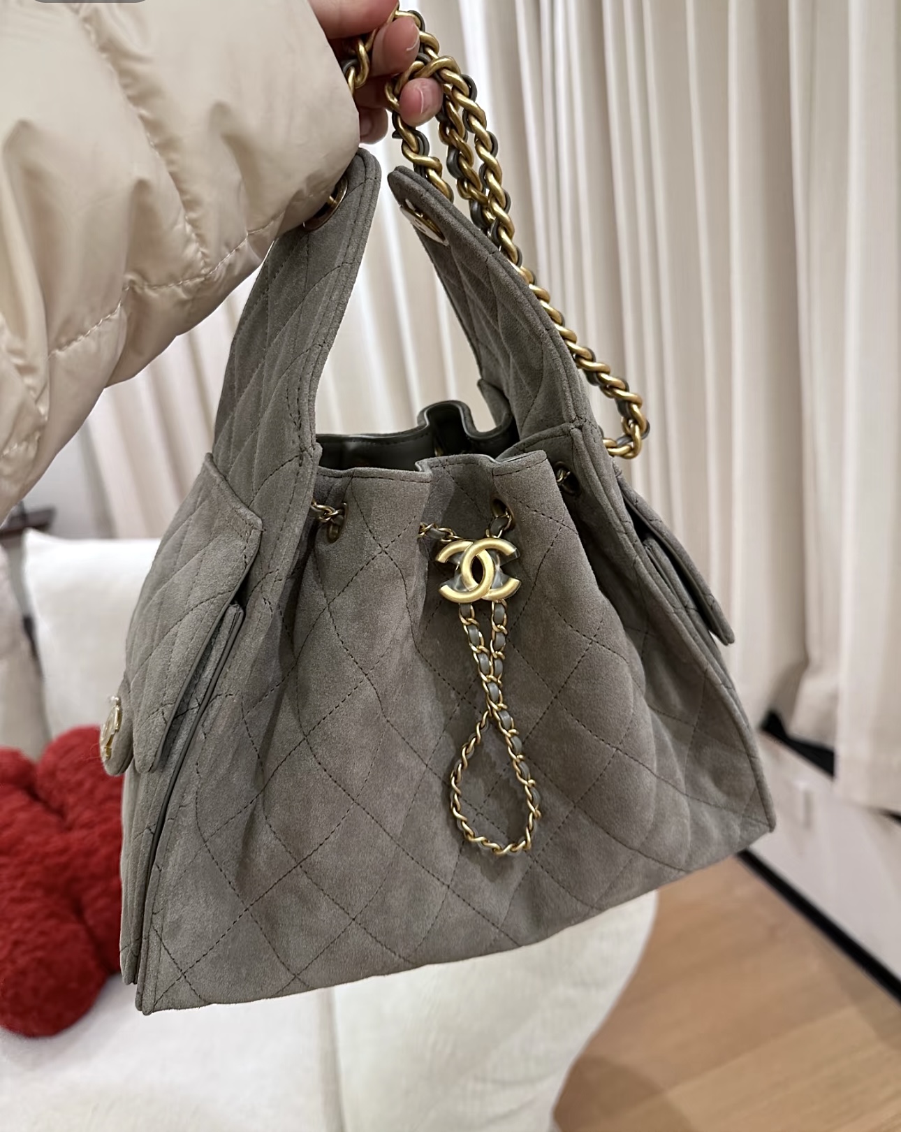 CHANEL Suede Quilted Medium Chanel 25 Handbag Grey