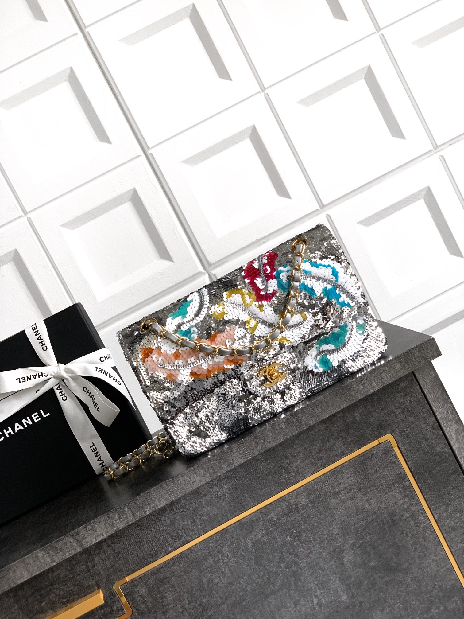 Chanel Stole – Cashmere, light gray, turquoise, pink & yellow