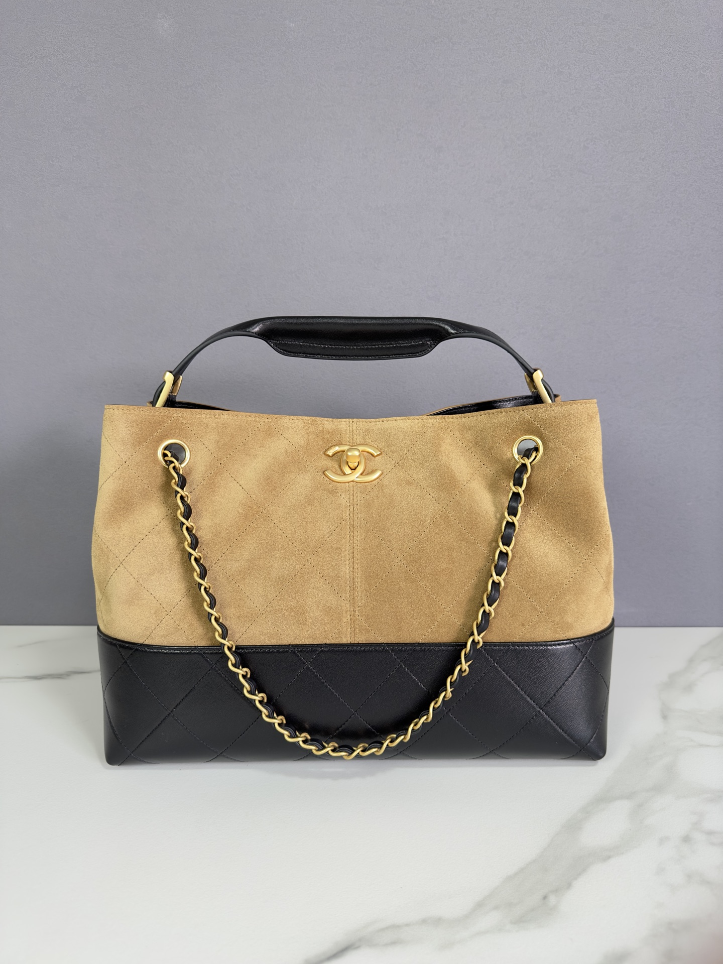 Chanel Small shopping bag, Suede calfskin, shiny lambskin & gold-tone metal, beige & black