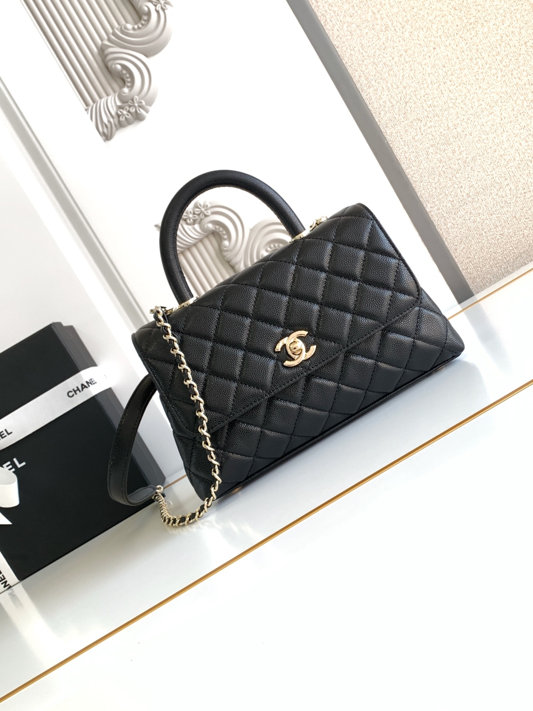 Chanel Mini flap bag with top handle, Calfskin, diamanté & gold meta