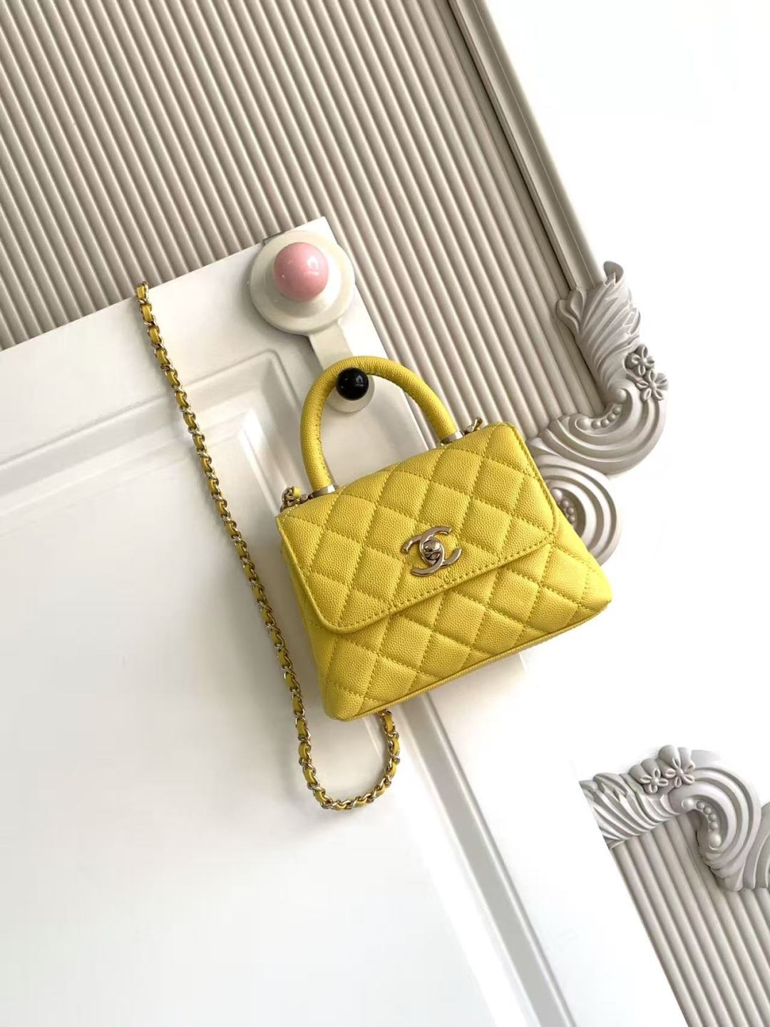 CHANEL Caviar Quilted Mini Coco Handle Flap Yellow 265626