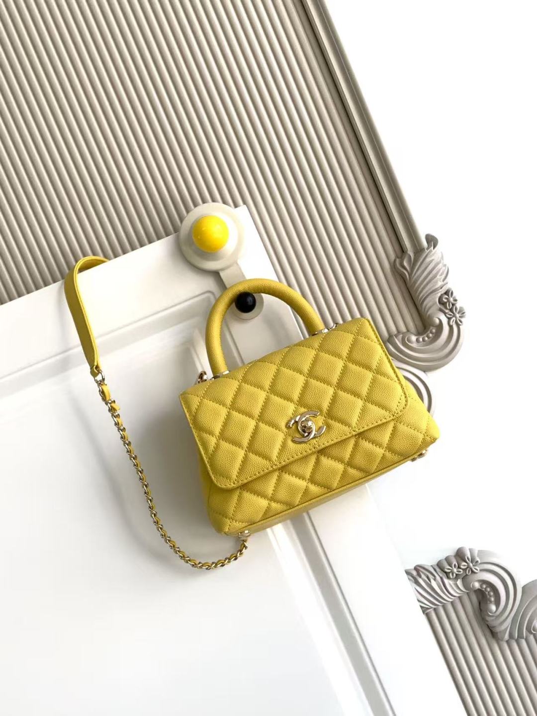 CHANEL Caviar Quilted Mini Coco Handle Flap Yellow 798423