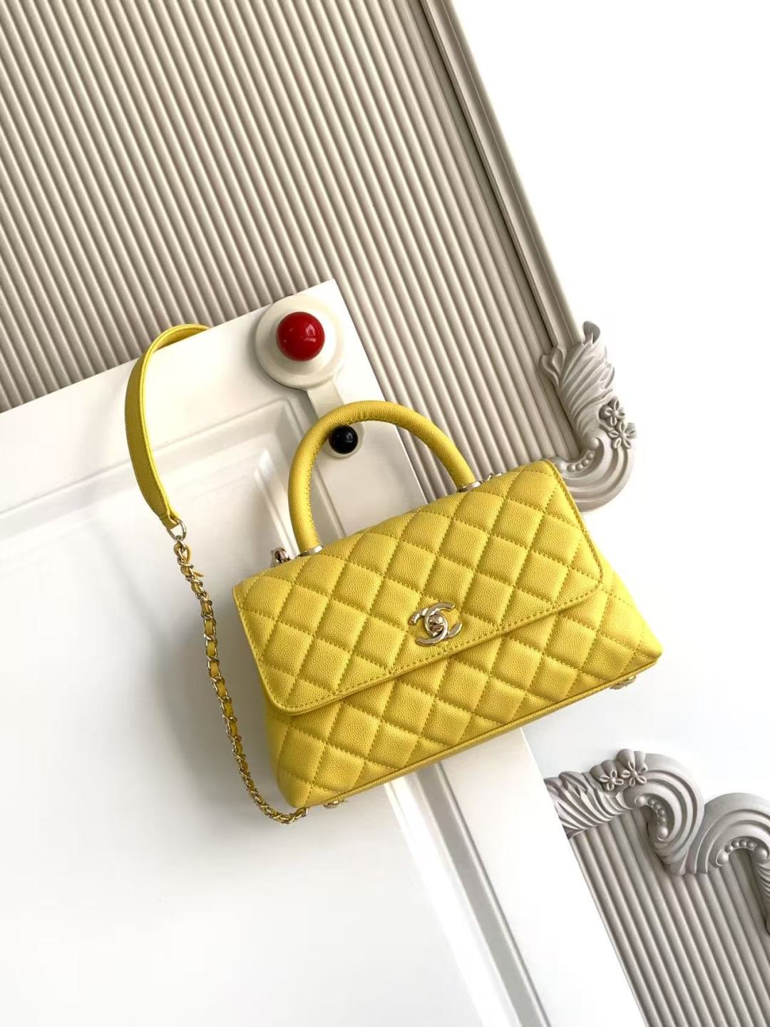 CHANEL Caviar Quilted Mini Coco Handle Flap Yellow
