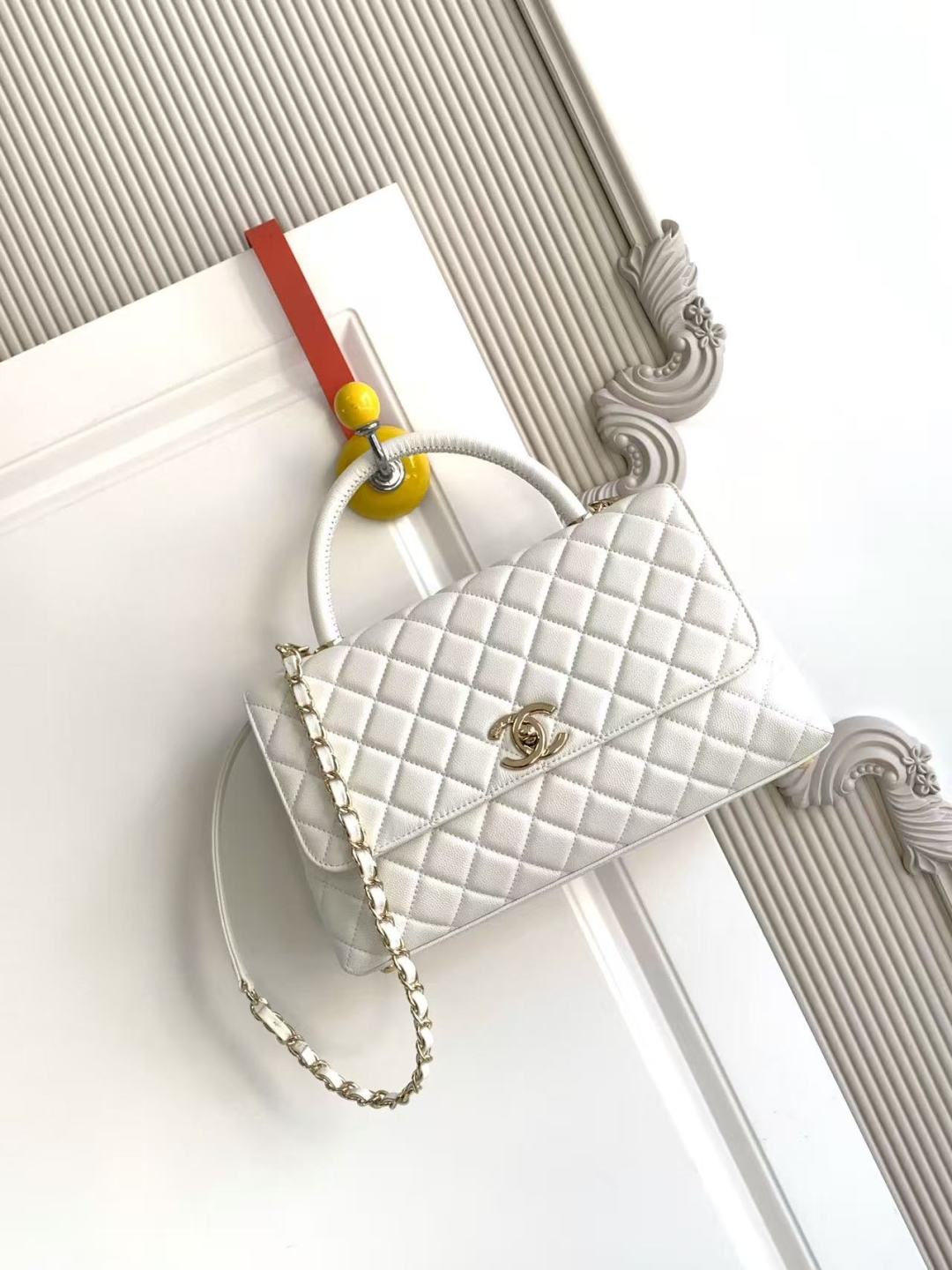 CHANEL Caviar Quilted Small Chain Coco Handle Flap White