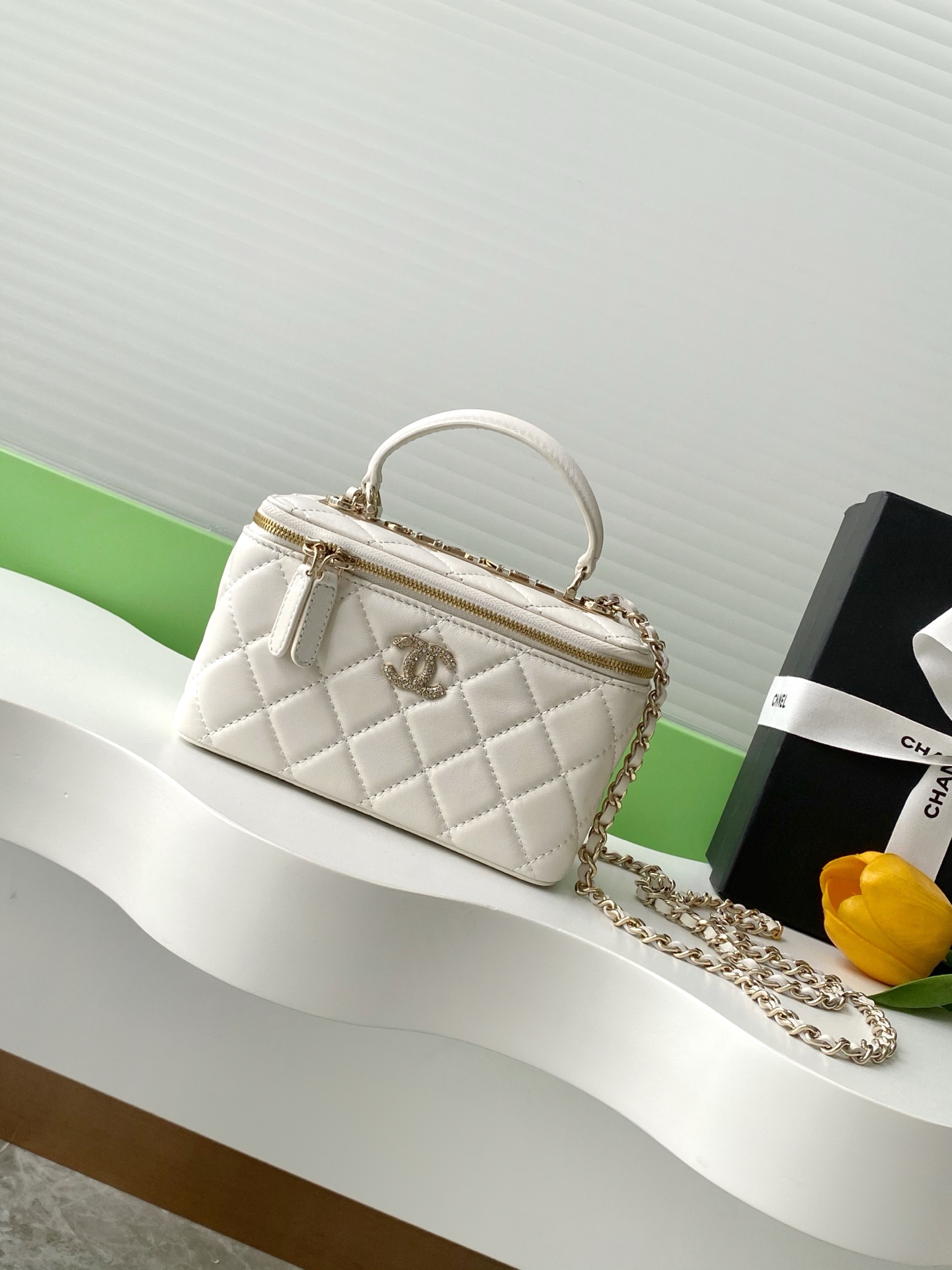 Chanel Small Vanity Case White Lambskin Leather Antique Gold