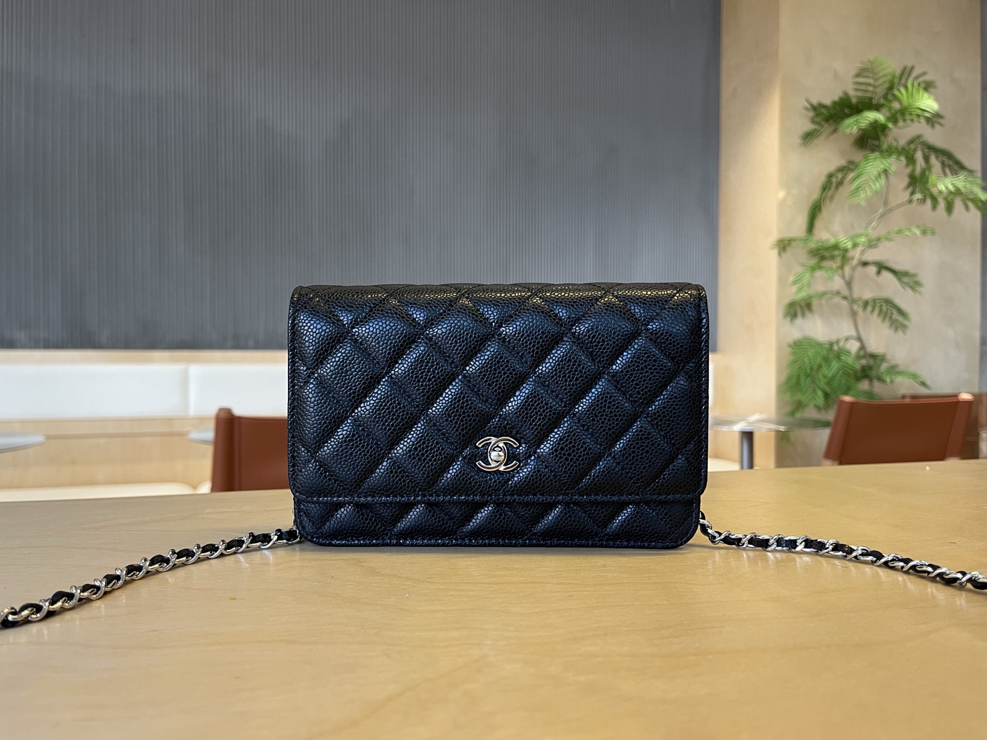 CHANEL Matlasse Chain Wallet 27 Series Black Silver Metal Fittings Caviar Skin S
