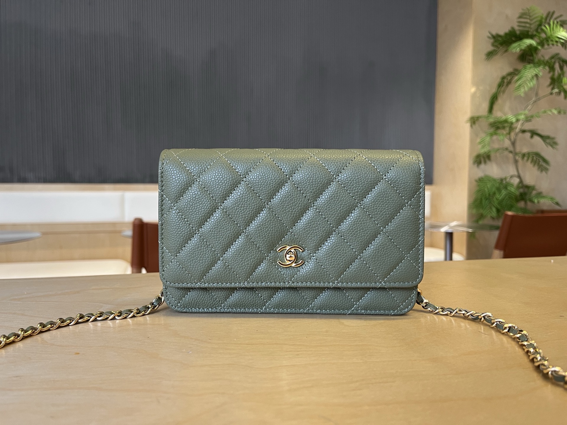 CHANEL Caviar Quilted Wallet On Chain WOC Dark Green