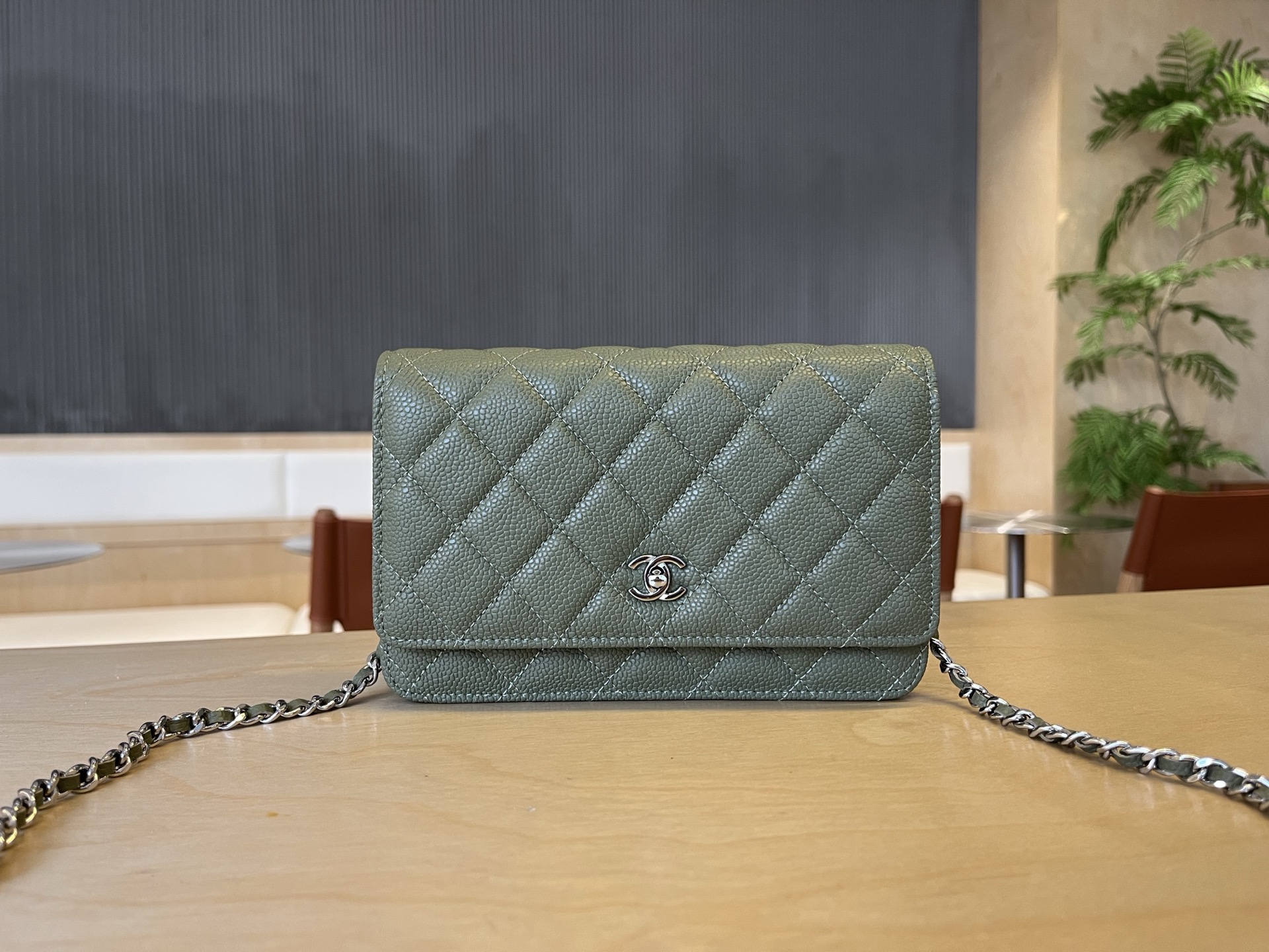 CHANEL Caviar Quilted Wallet On Chain WOC Dark Green