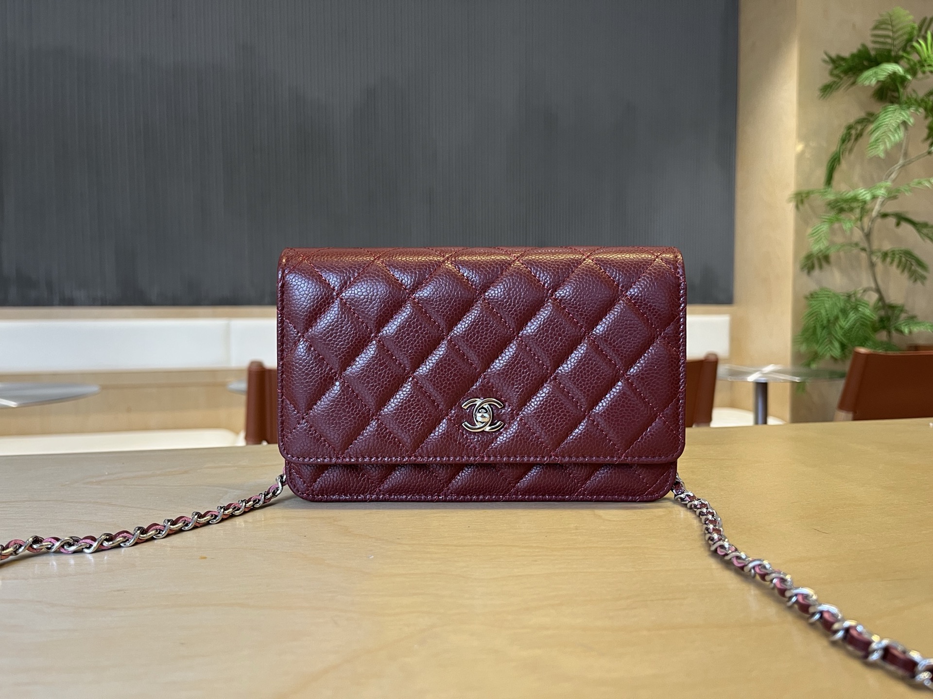 CHANEL Caviar Quilted Wallet On Chain WOC Dark Red