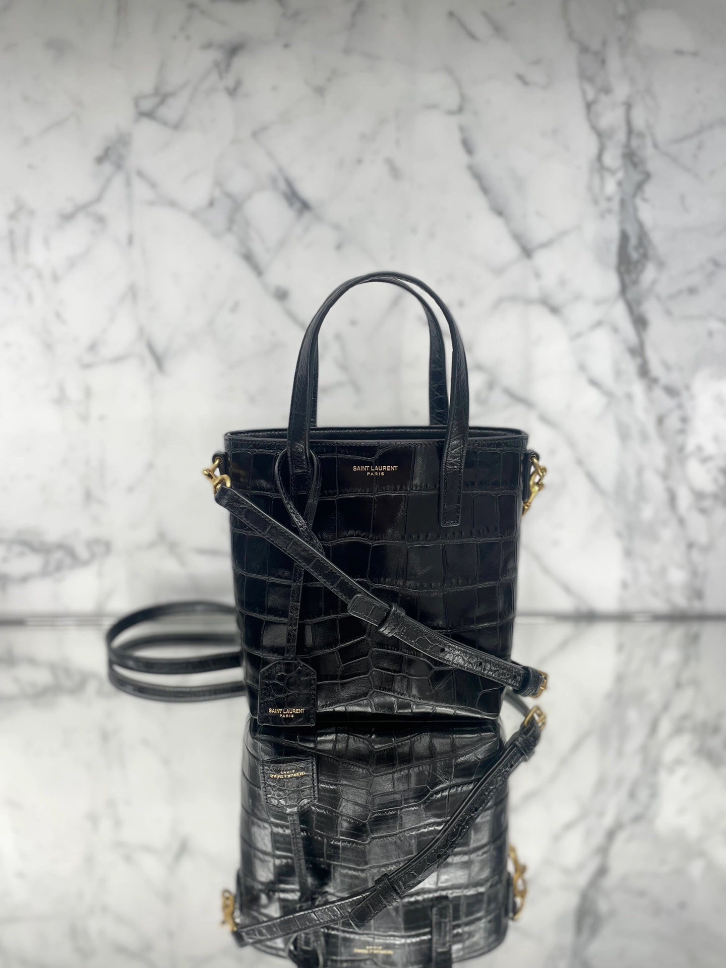Saint Laurent Croc-Embossed Mini Toy Shopping Tote black