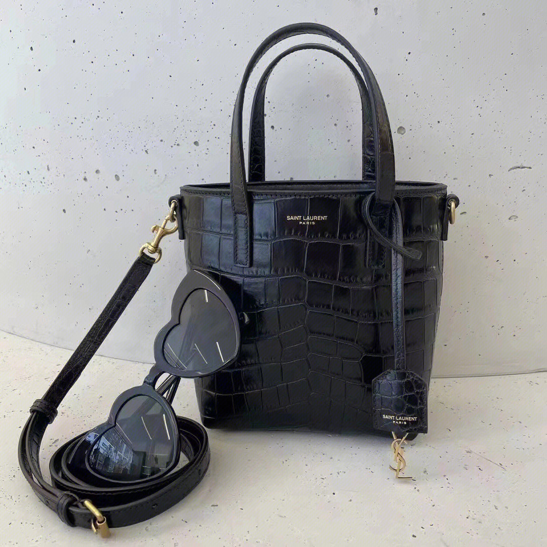 SAINT LAURENT Calfskin Crocodile Embossed Paris Mini Toy Shopper Tote Black 1198616E