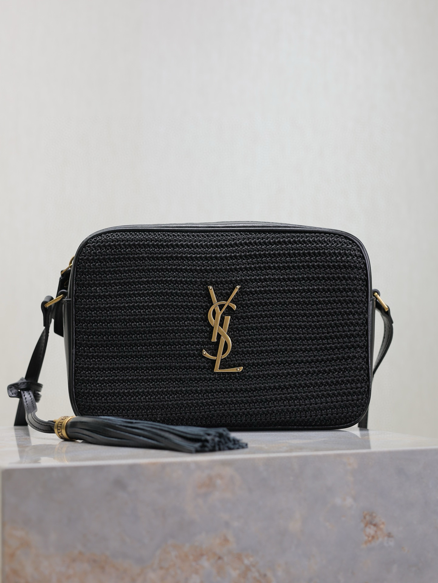 Saint Laurent Lou Camera Bag Woven Raffia Mini Black