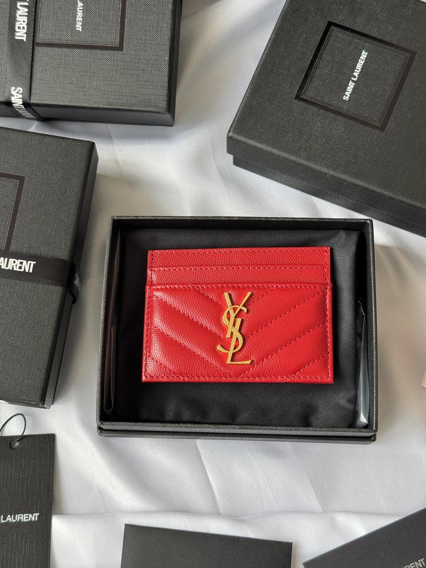 Yves Saint Laurent Red Chevron Quilted Leather Card Holder