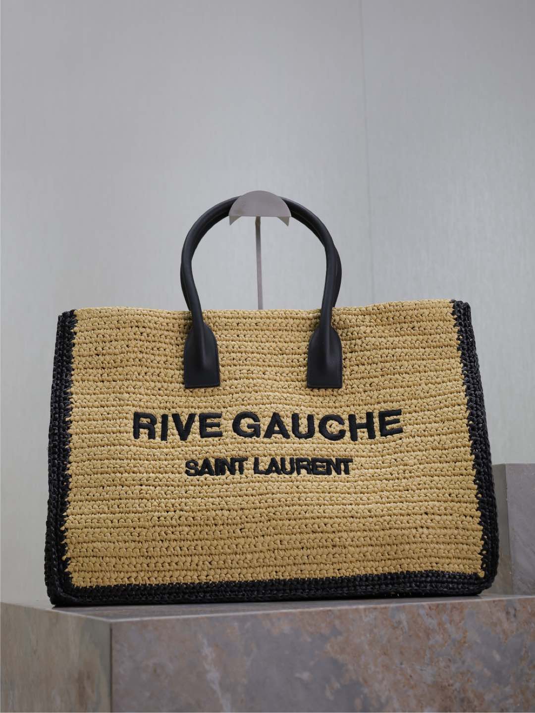 Saint Laurent  Raffia Calfskin Rive Gauche Tote Naturale Black