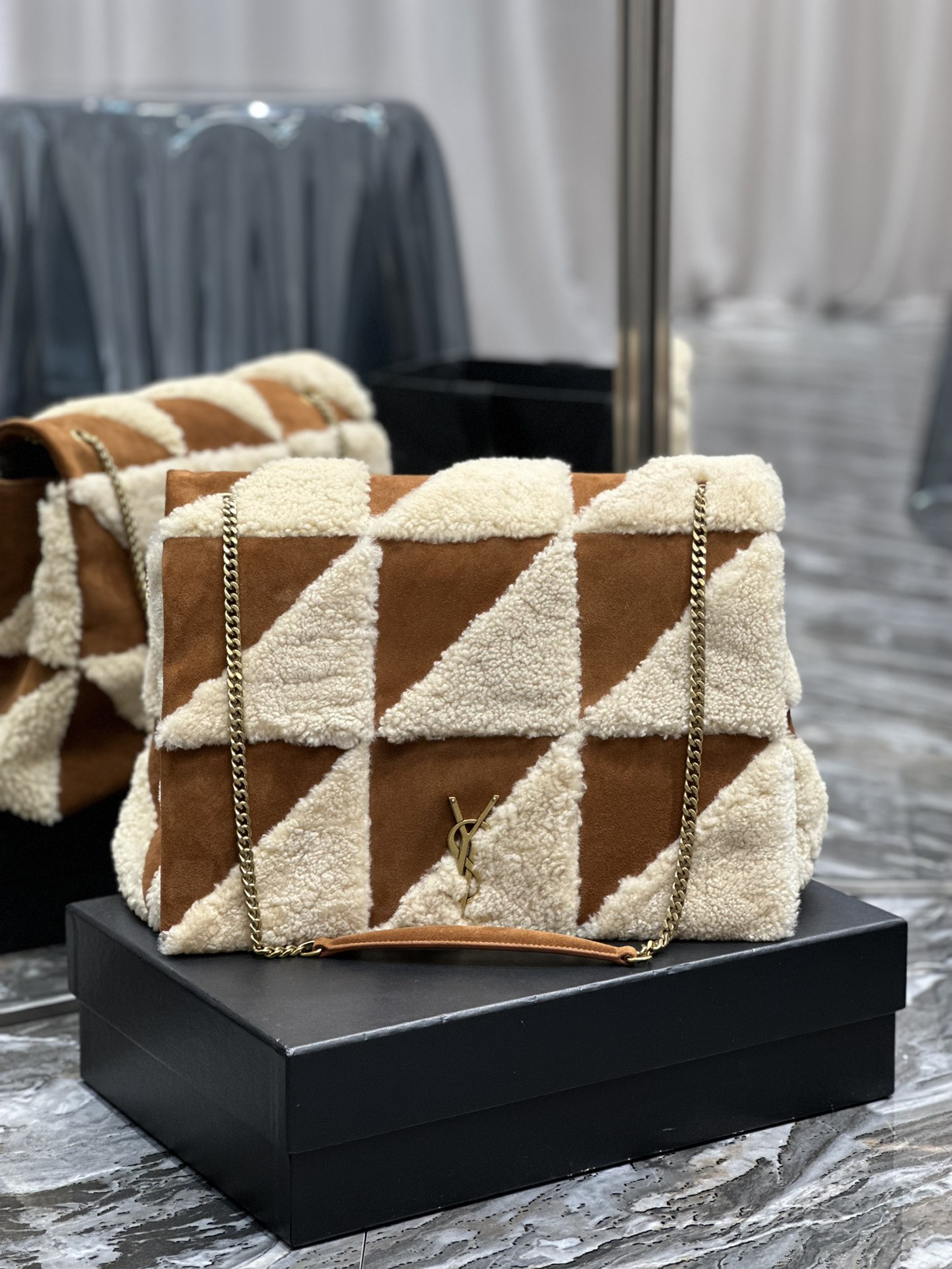 Saint Laurent YSL Jamie Medium Brown Suede Shearling