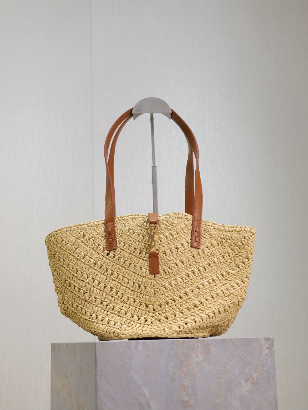 Saint Laurent bag Beige Open Raffia Panier Tote Leather Brown Straps Brass YSL Size Med