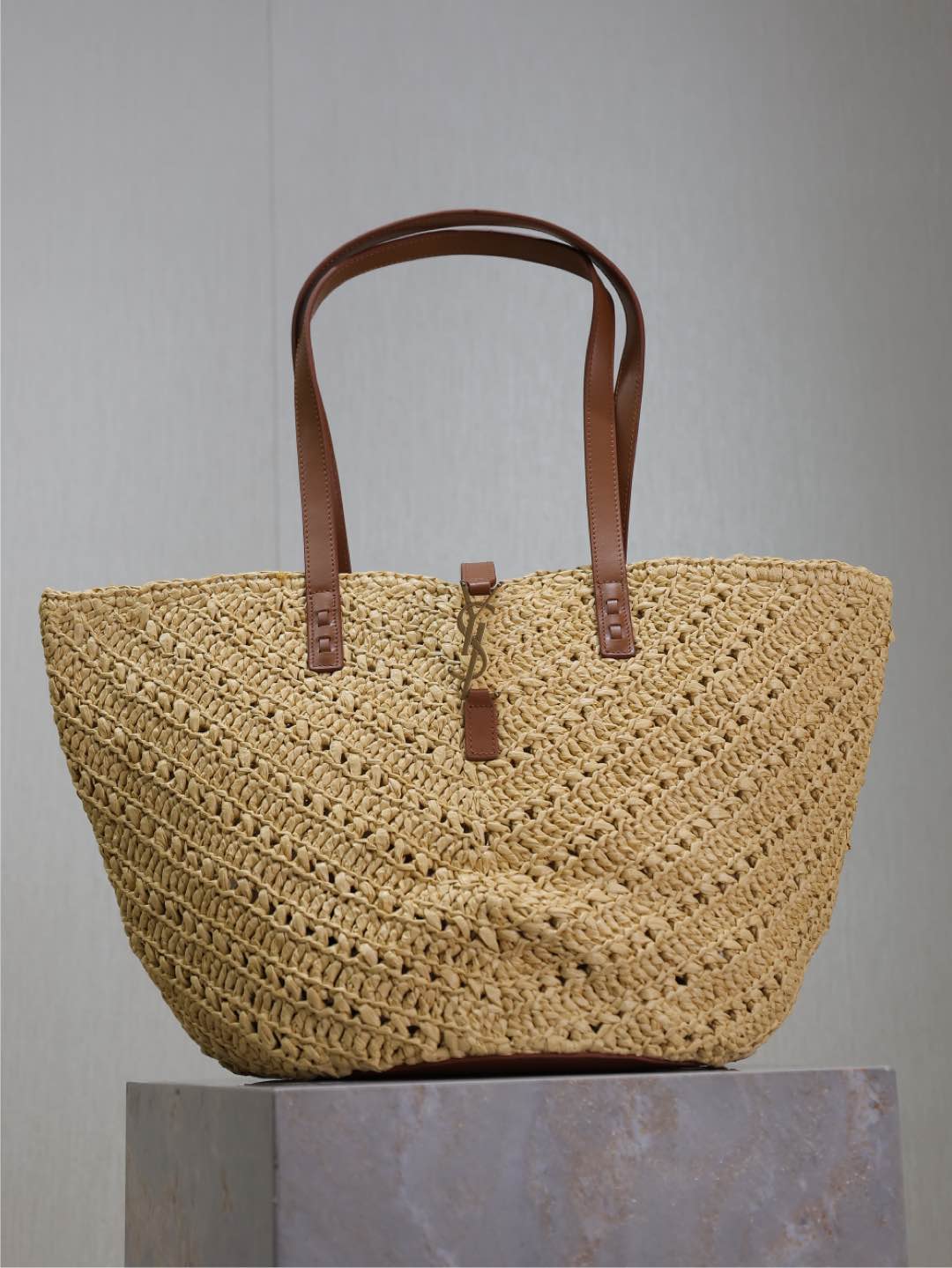 YSL bag Beige Open Raffia Panier Tote Leather Brown Straps Brass YSL