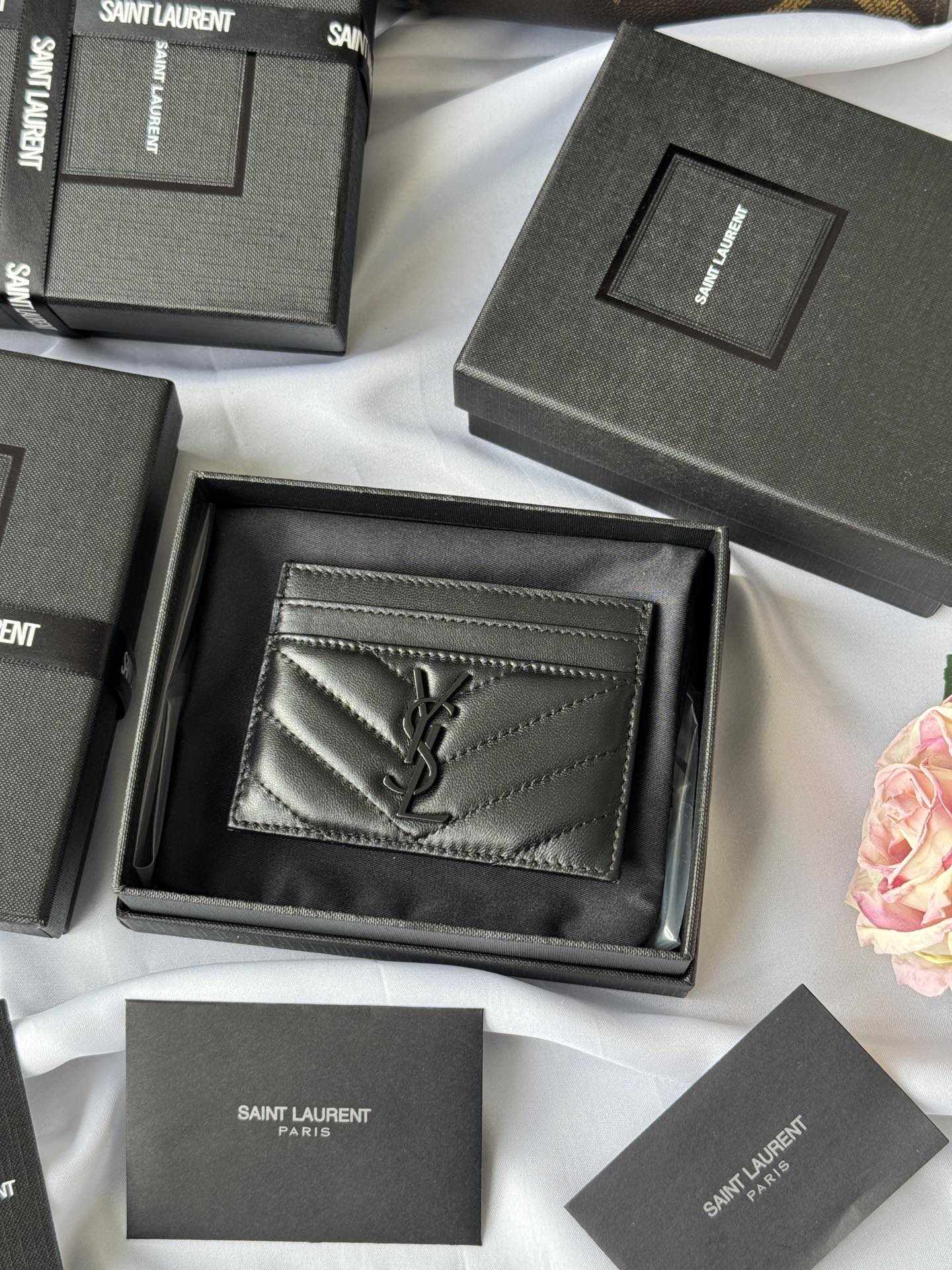 YSL Saint Laurent Cassandre Black Quilted Leather Card