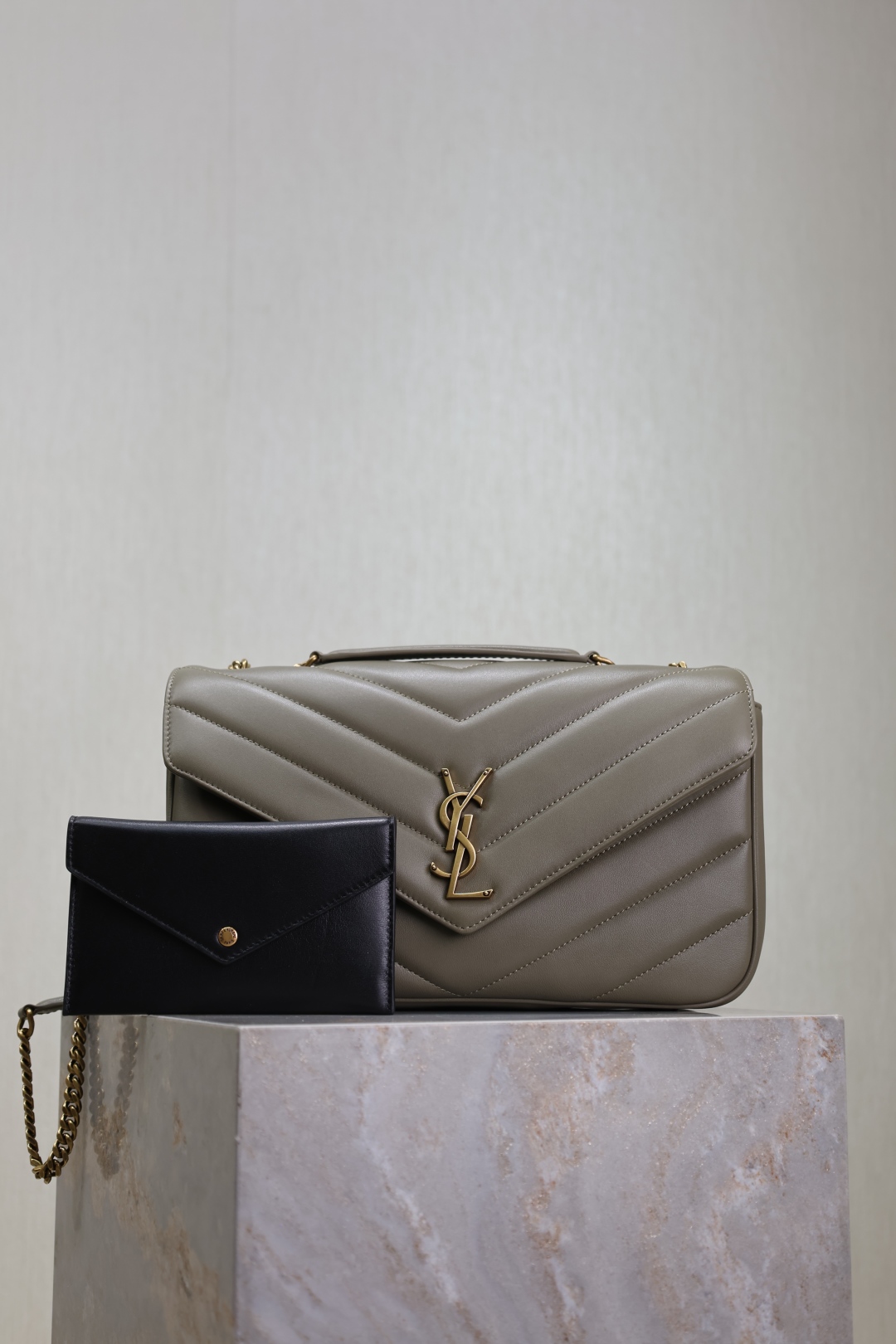 SAINT LAURENT Calfskin Y Quilted Monogram Medium Loulou Chain Satchel Storm