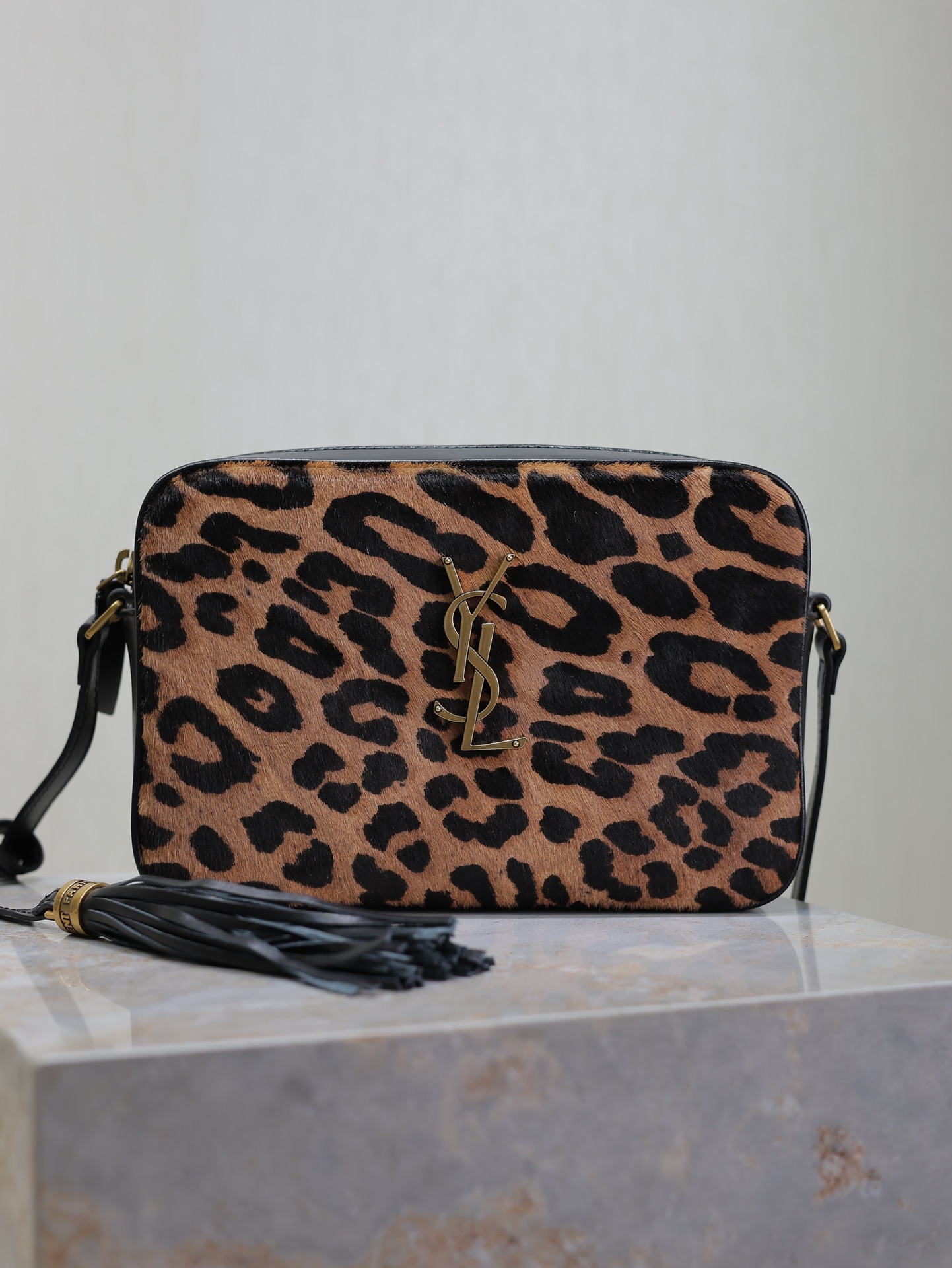 SAINT LAURENT Calfskin Leopard Print Monogram Lou Camera Bag Black 1676563 |