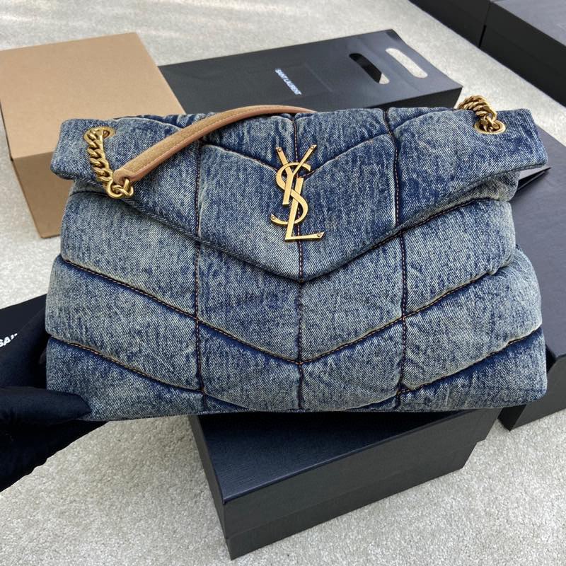SAINT LAURENT Denim Quilted Small Loulou Puffer Monogram