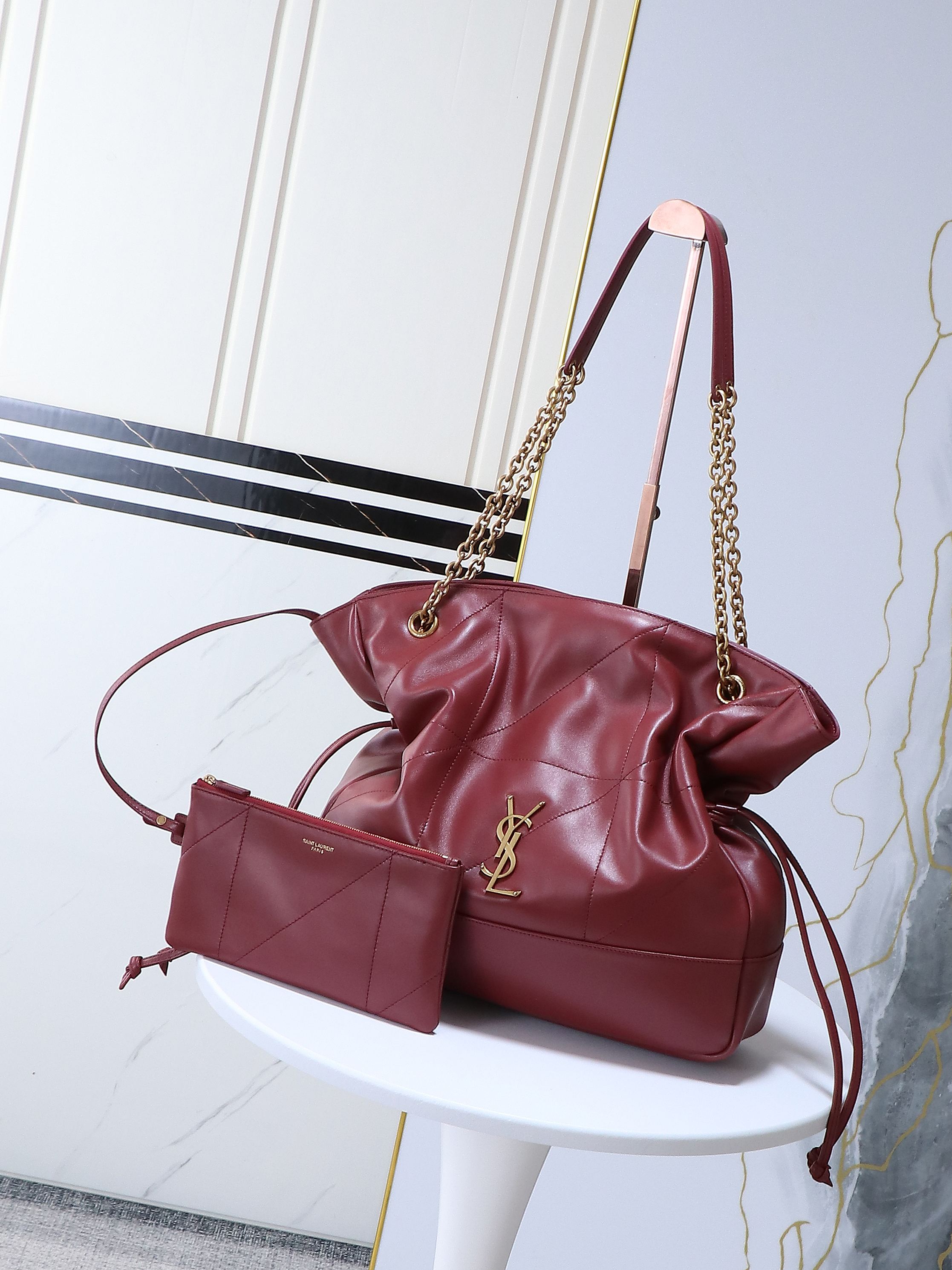 Saint Laurent Leather Bucket Bag 2025 – Burgundy Totes red