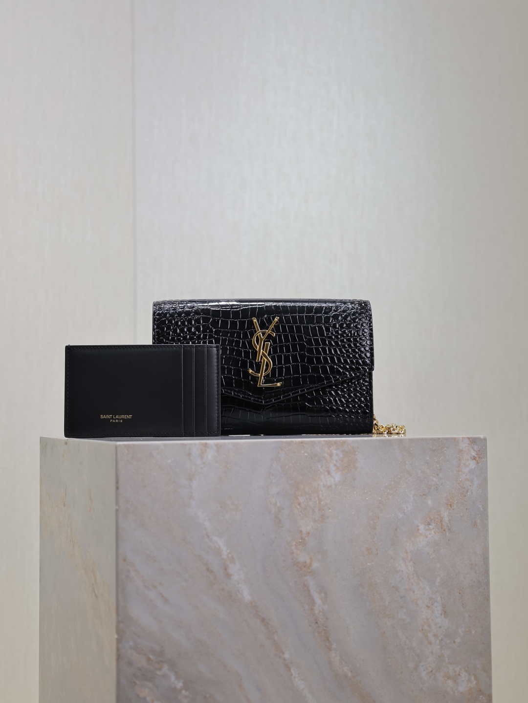 SAINT LAURENT Uptown croc-effect patent-leather shoulder bag and cardholder
