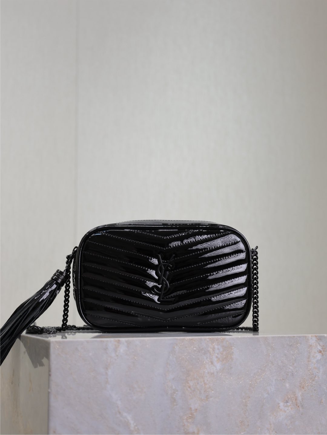 SAINT LAURENT Patent Calfskin Matelasse Monogram Mini Lou black