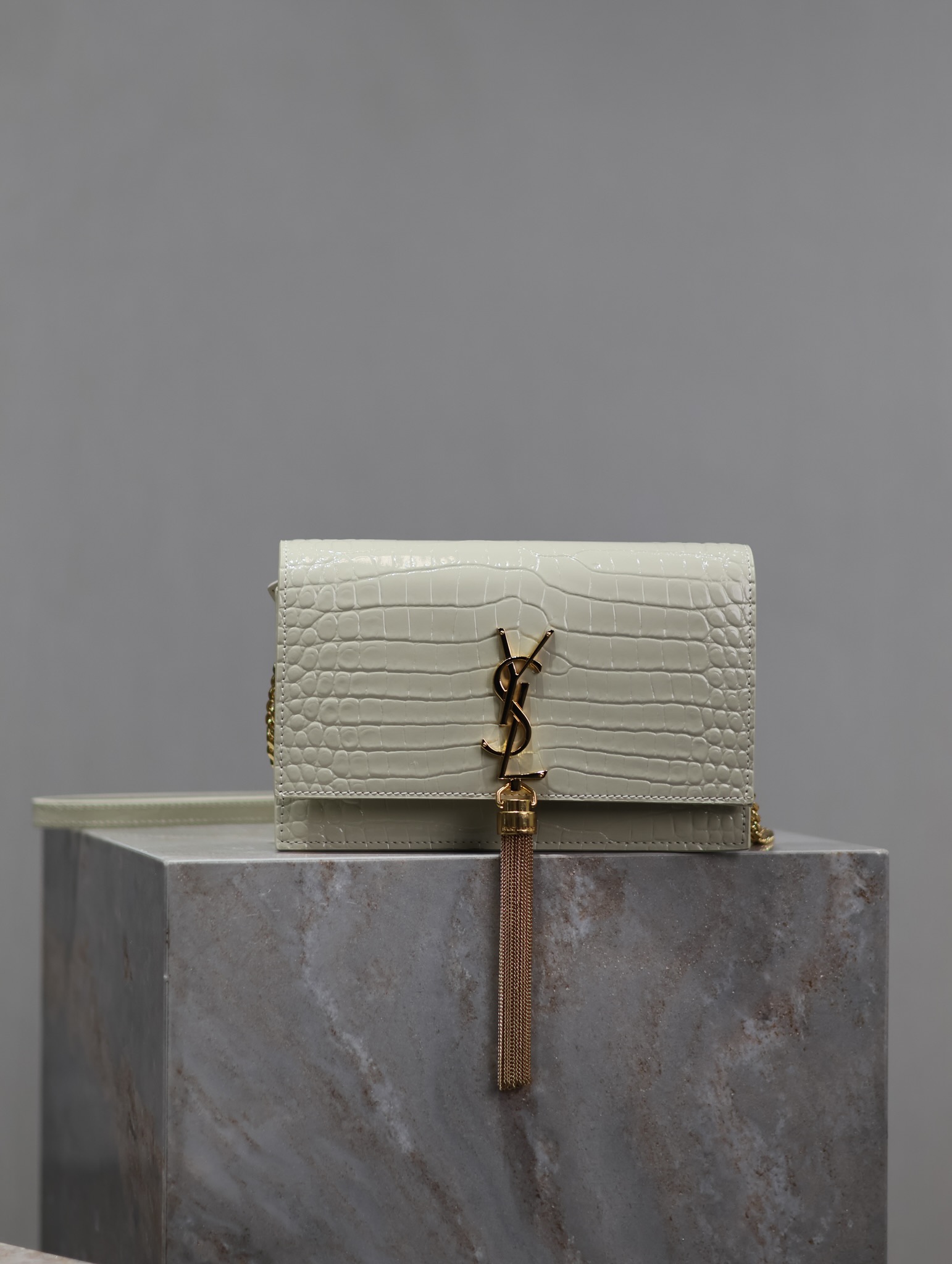 SAINT LAURENT Calfskin Crocodile Embossed Kate Monogram Tassel Chain white
