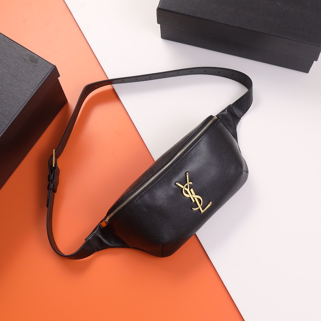 Saint Laurent Large Capacity Commuter Caviar Leather Belt black