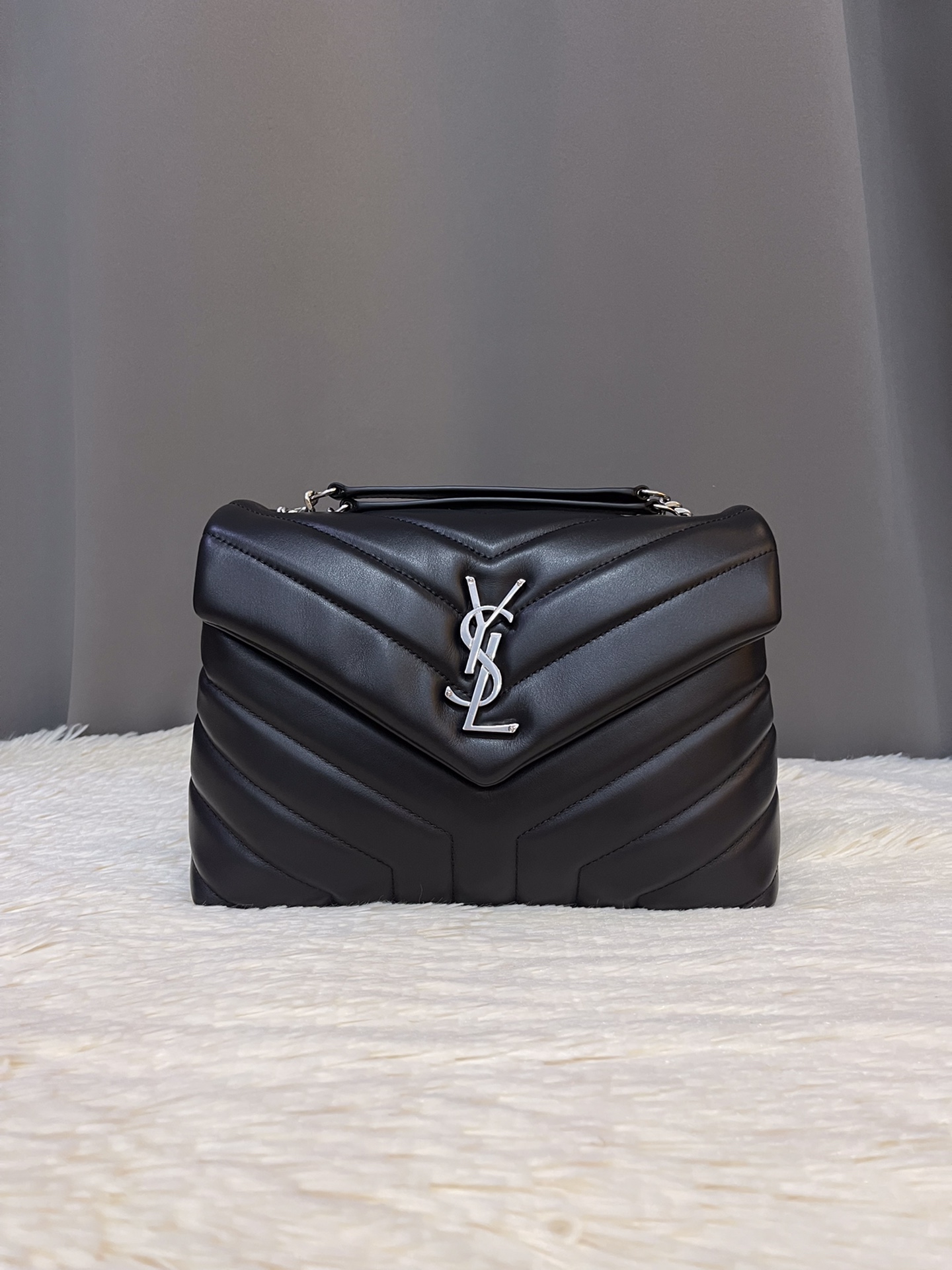 Saint Laurent  Calfskin Y Quilted Monogram Small Loulou Chain Satchel Black