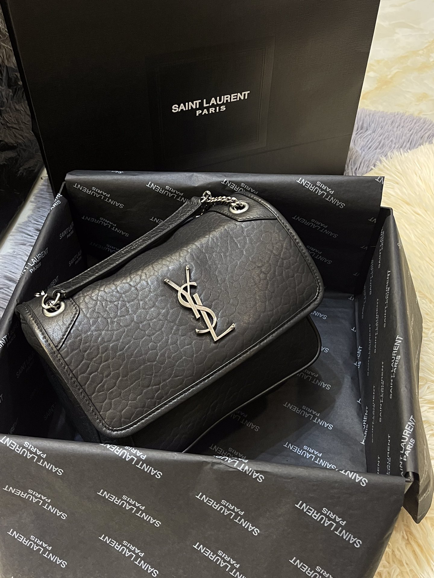 SAINT LAURENT Grained Lambskin Monogram Baby Niki black