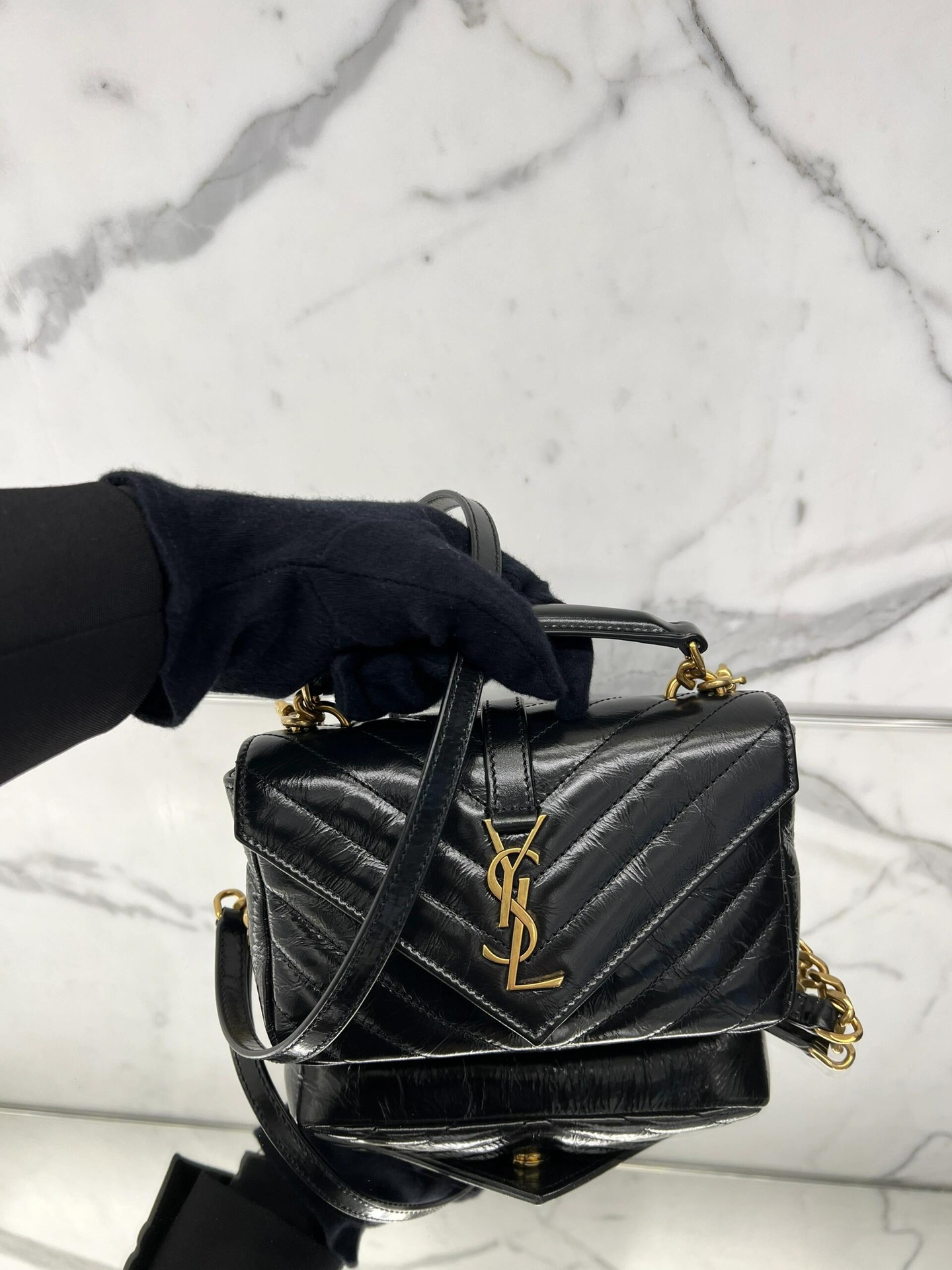 Saint Laurent College Mini Chain Bag in Shiny Crackled