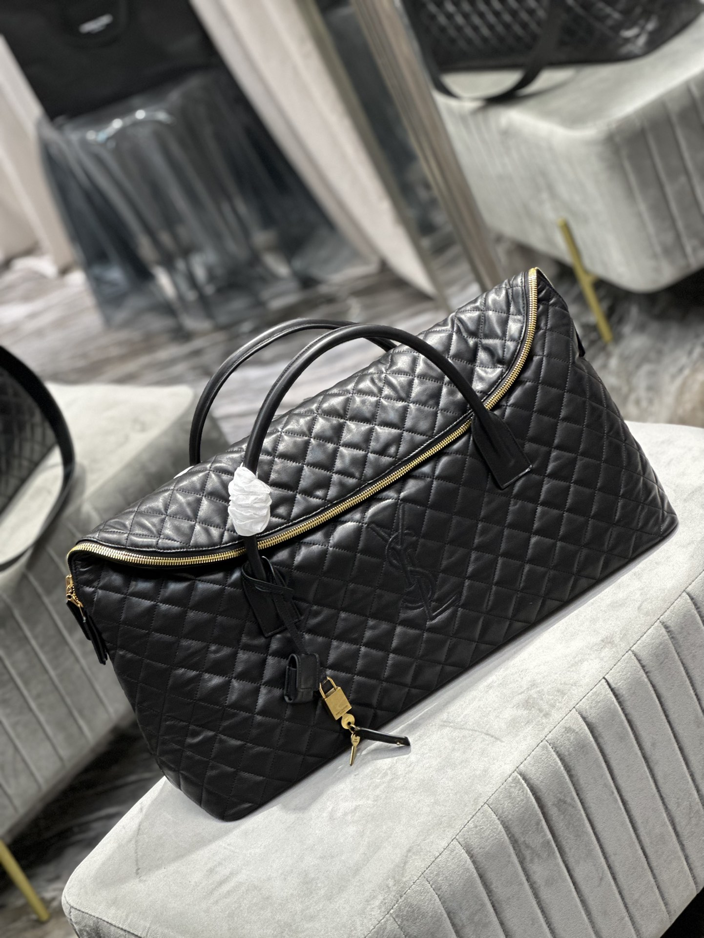 SAINT LAURENT ES Giant embroidered quilted leather weekend bag black