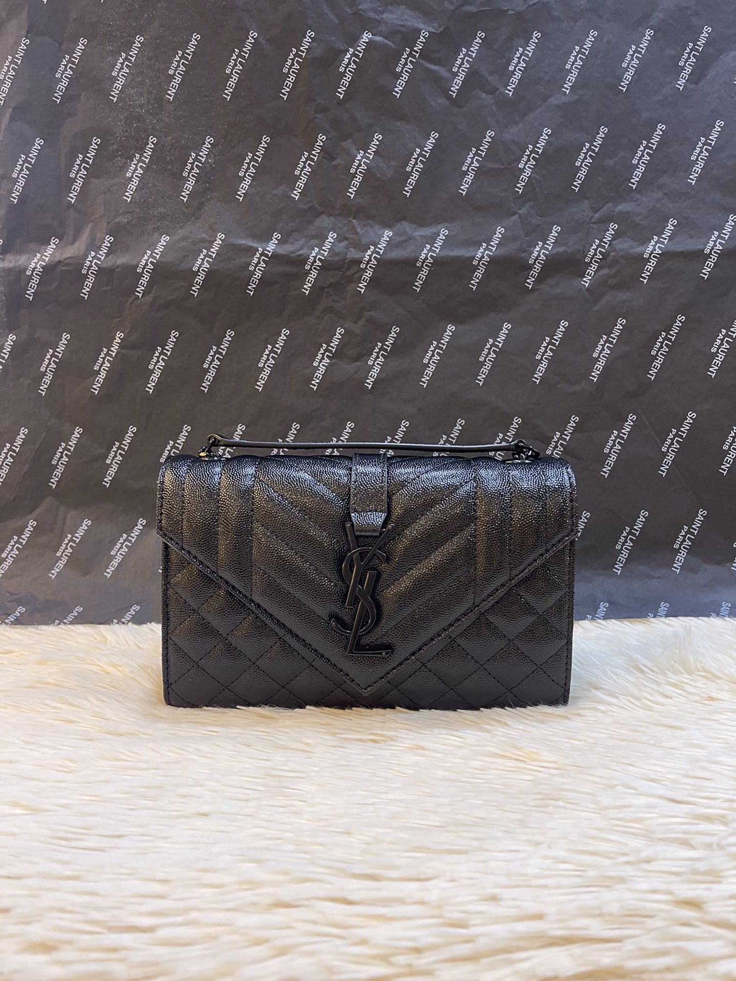 Saint Laurent Envelope Shoulder Bag Calfskin Black BHW