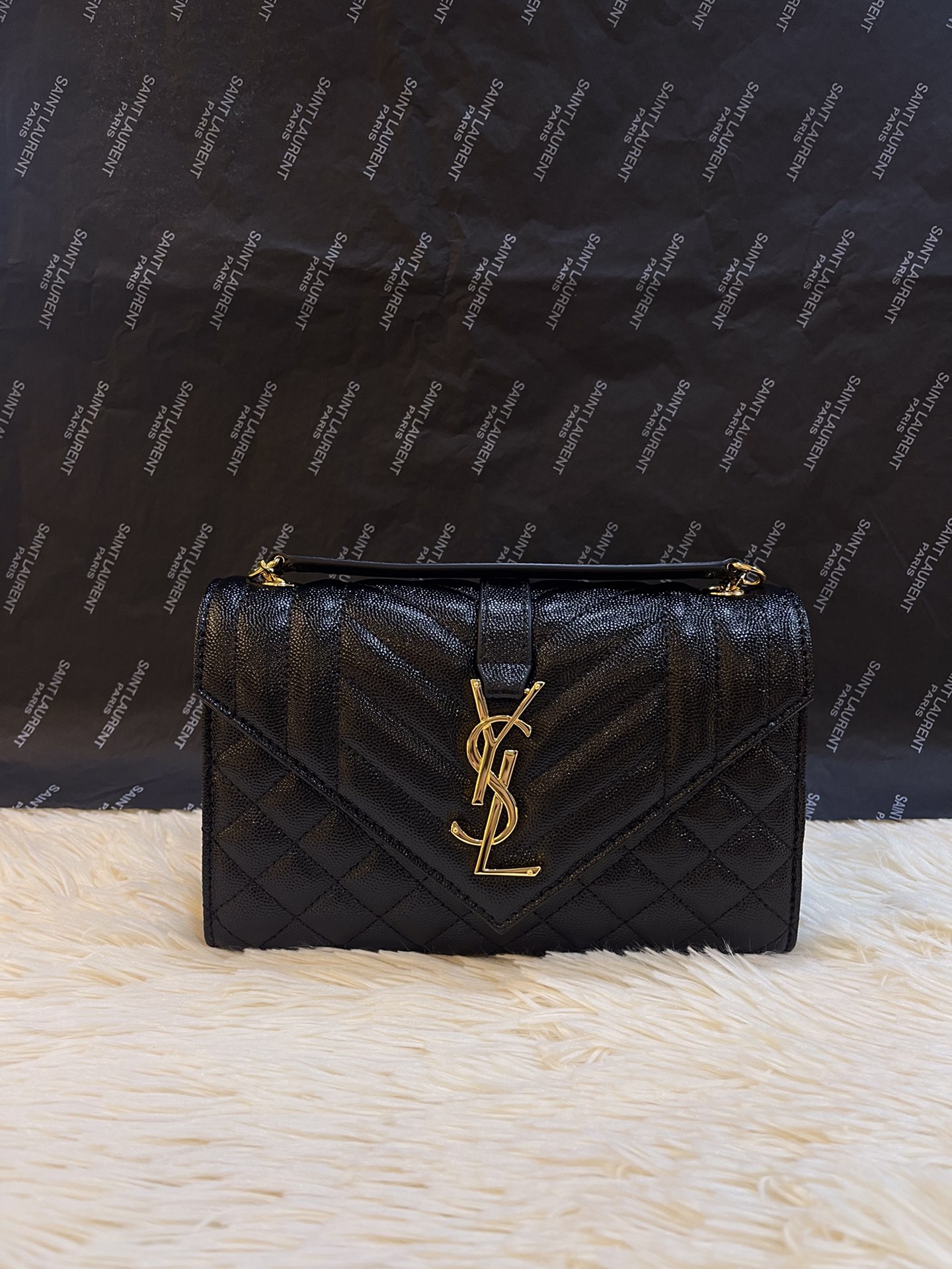 Saint Laurent Monogram Quilted Envelope Gold Chain  black