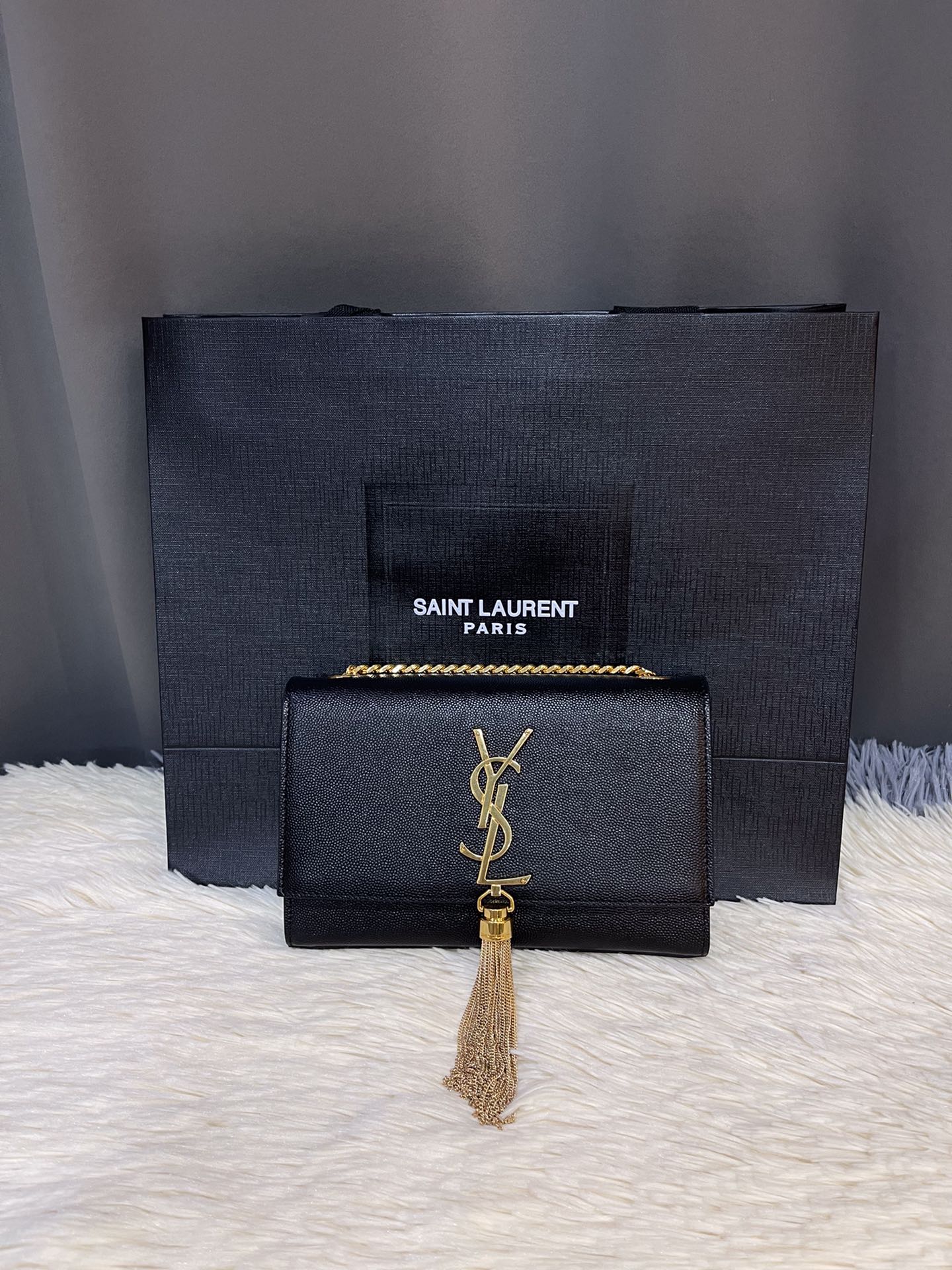 SAINT LAURENT Grain De Poudre Small Classic Monogram Kate Tassel Satchel Black 1557390