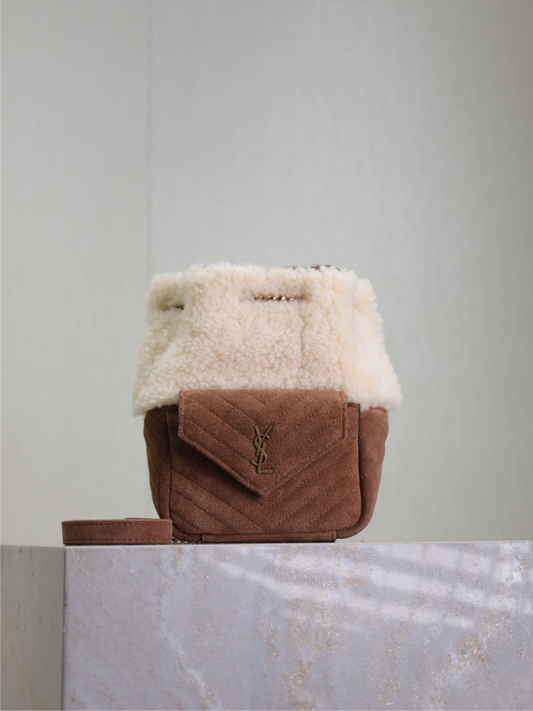 Yves Saint Laurent 2023 Mini Joe Shearling and Suede Bucket Bag New Beige Leather Deerskin
