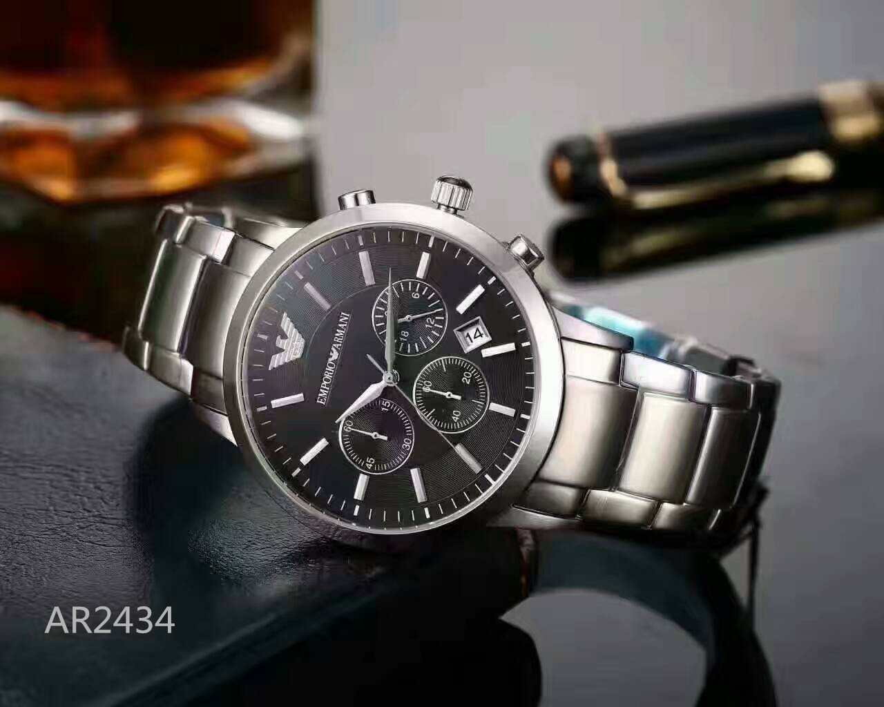 Emporio Armani Renato Chronograph Cream Dial Silver Steel Strap Watch For Men black
