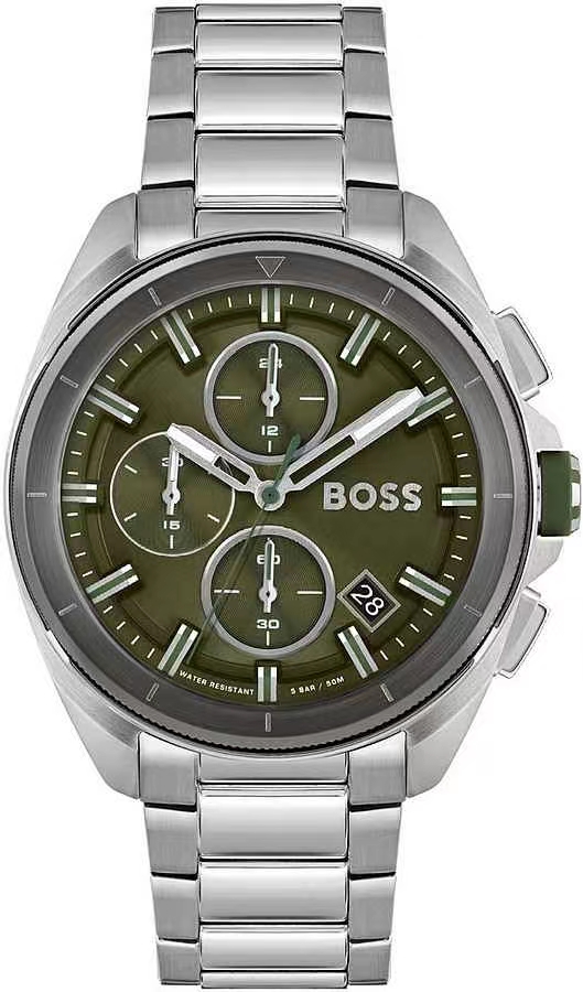 Olive-dial chronograph watch with link bracelet