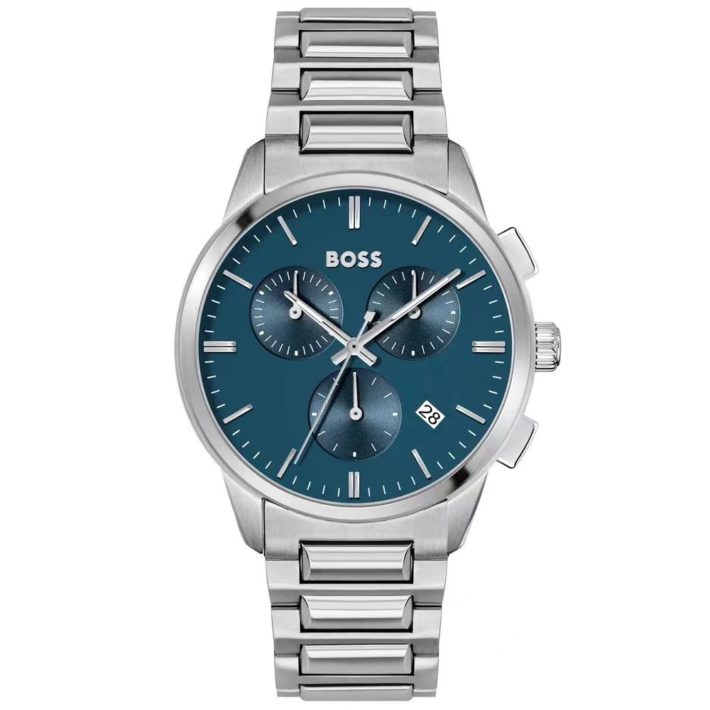 Blue-dial watch with stainless-steel link bracelet