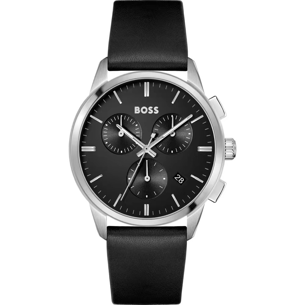 Black-dial chronograph watch with black leather strap
