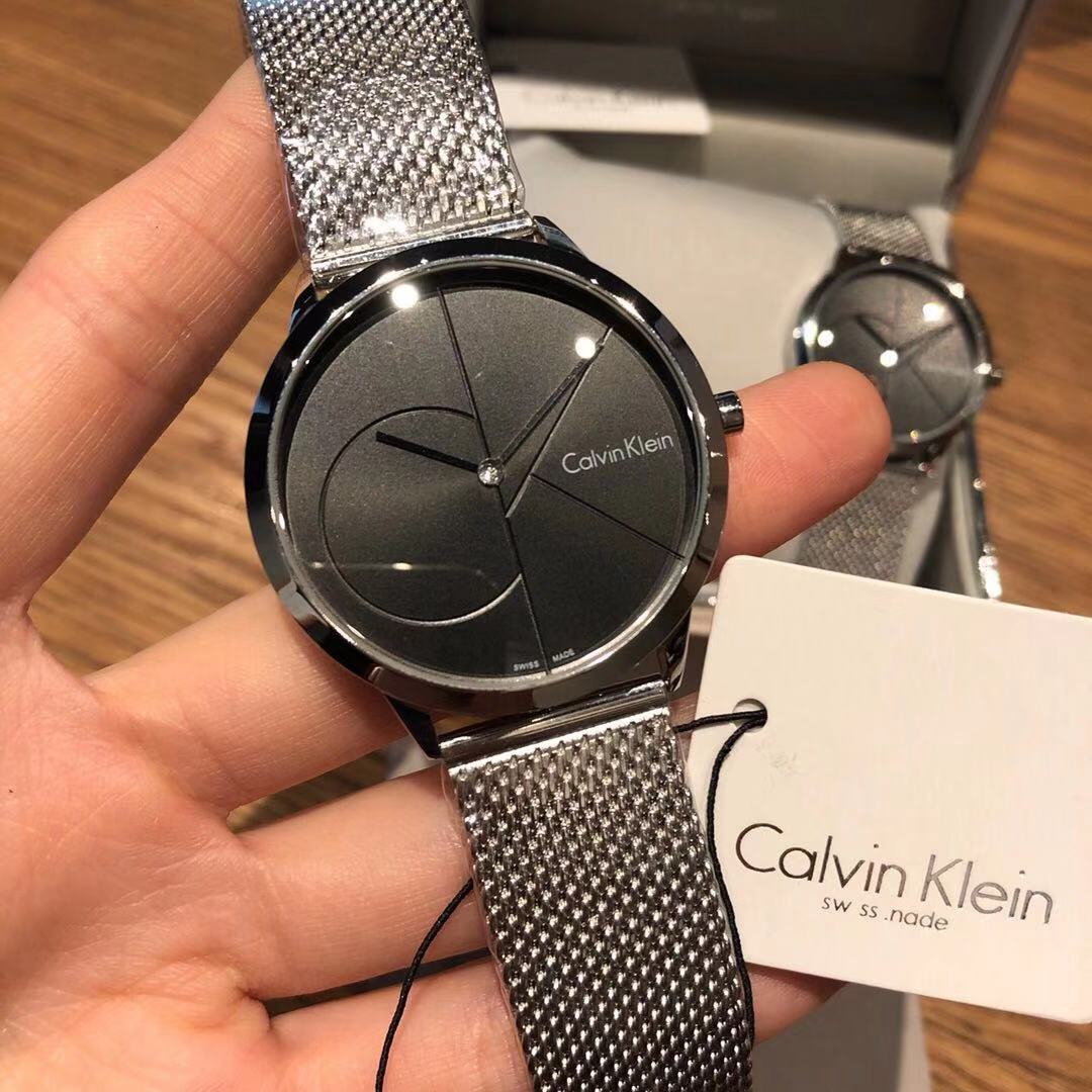 Calvin Klein Minimal Black Dial Silver Mesh Bracelet Watch for Women –
