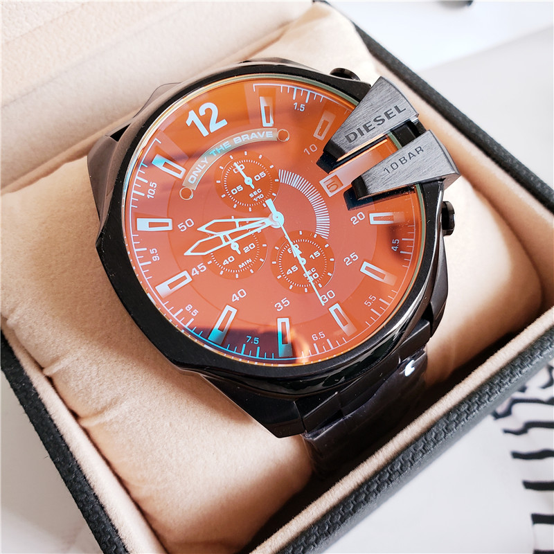 Diesel Mega Chief Chronograph Watch Black Dial Brown Leather Strap Men