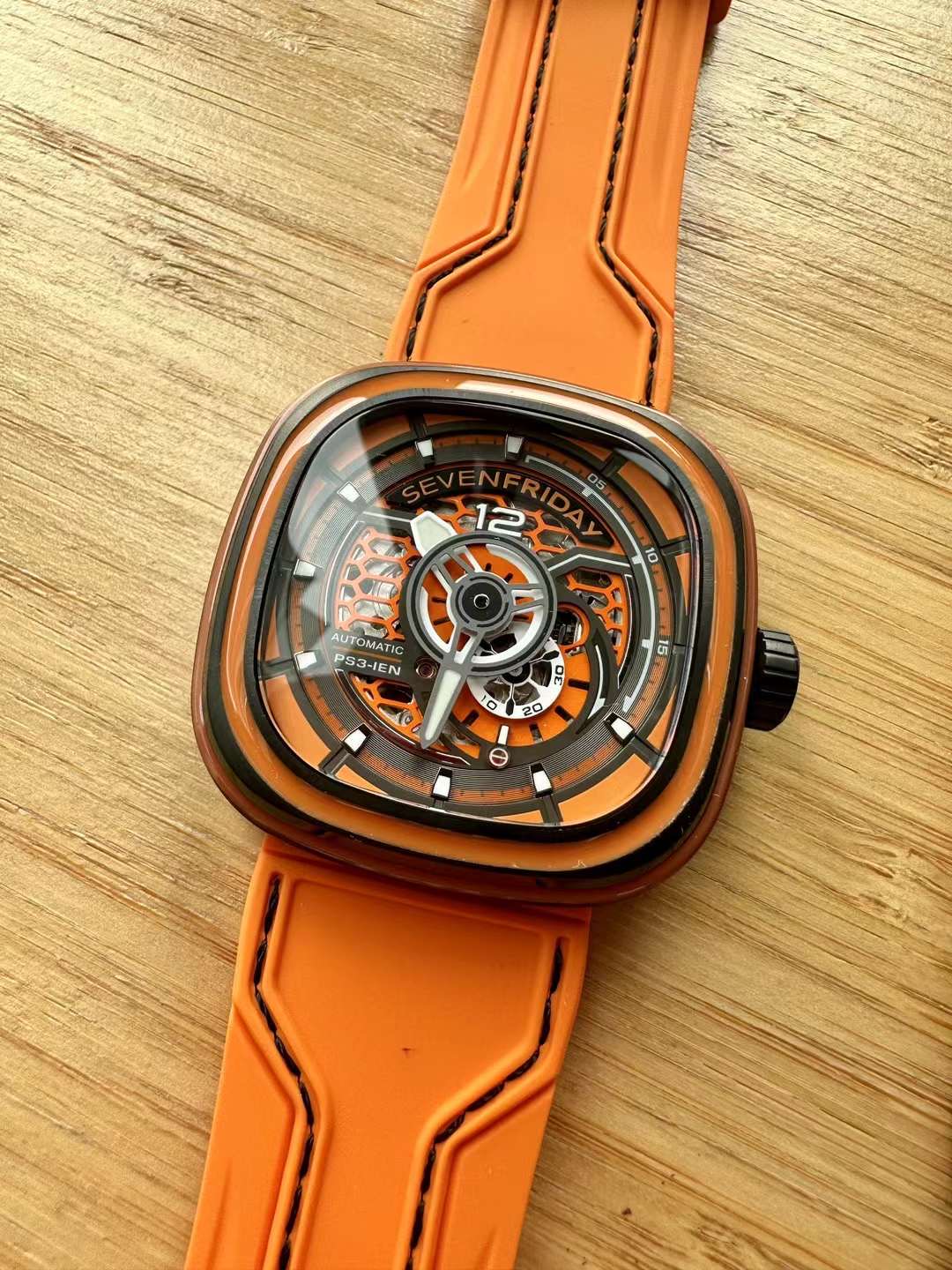 SevenFriday Men’s Watch PS Series CCO Automatic Orange Silicone Strap PS3-03