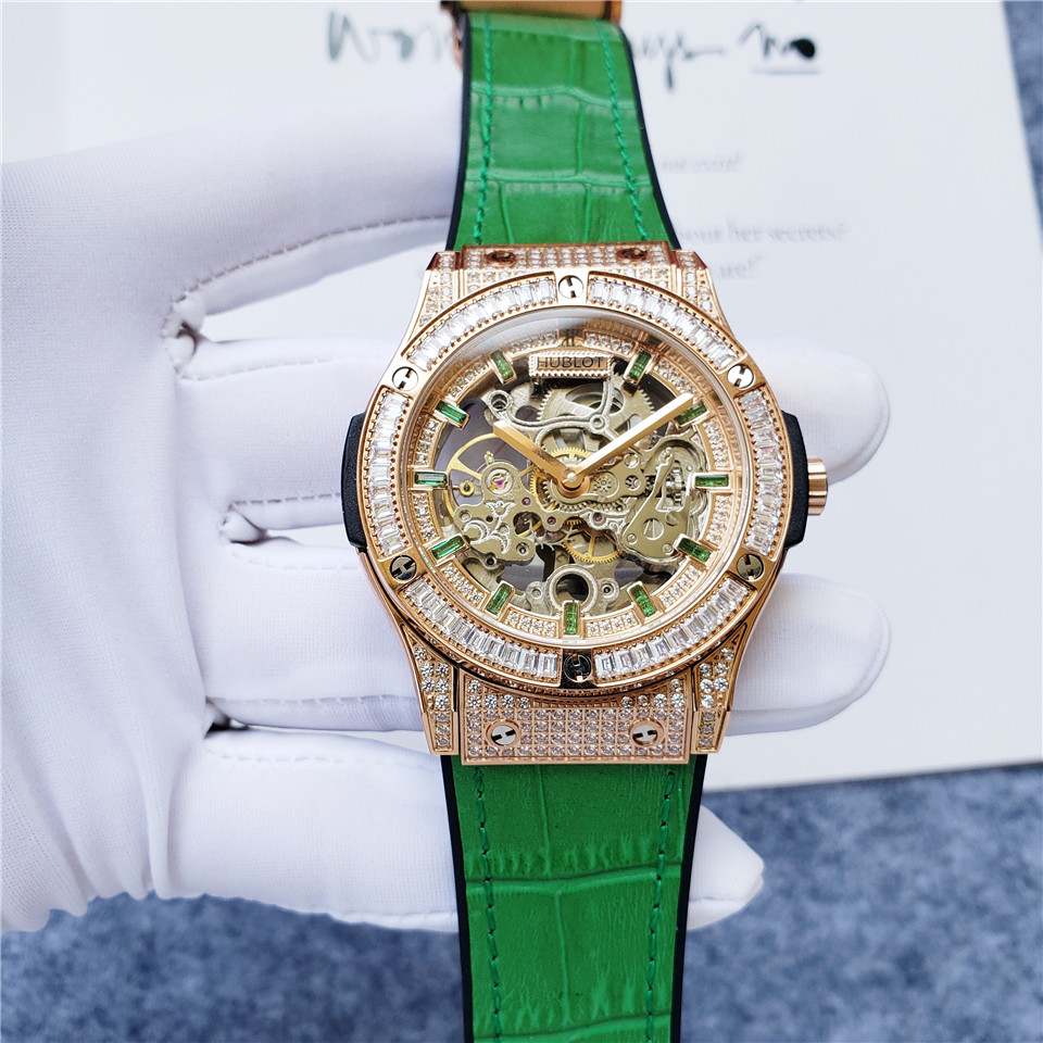 Hublot Classic Fusion Skeleton Diamond Green Strap – Rose Gold & Baguette Cut
