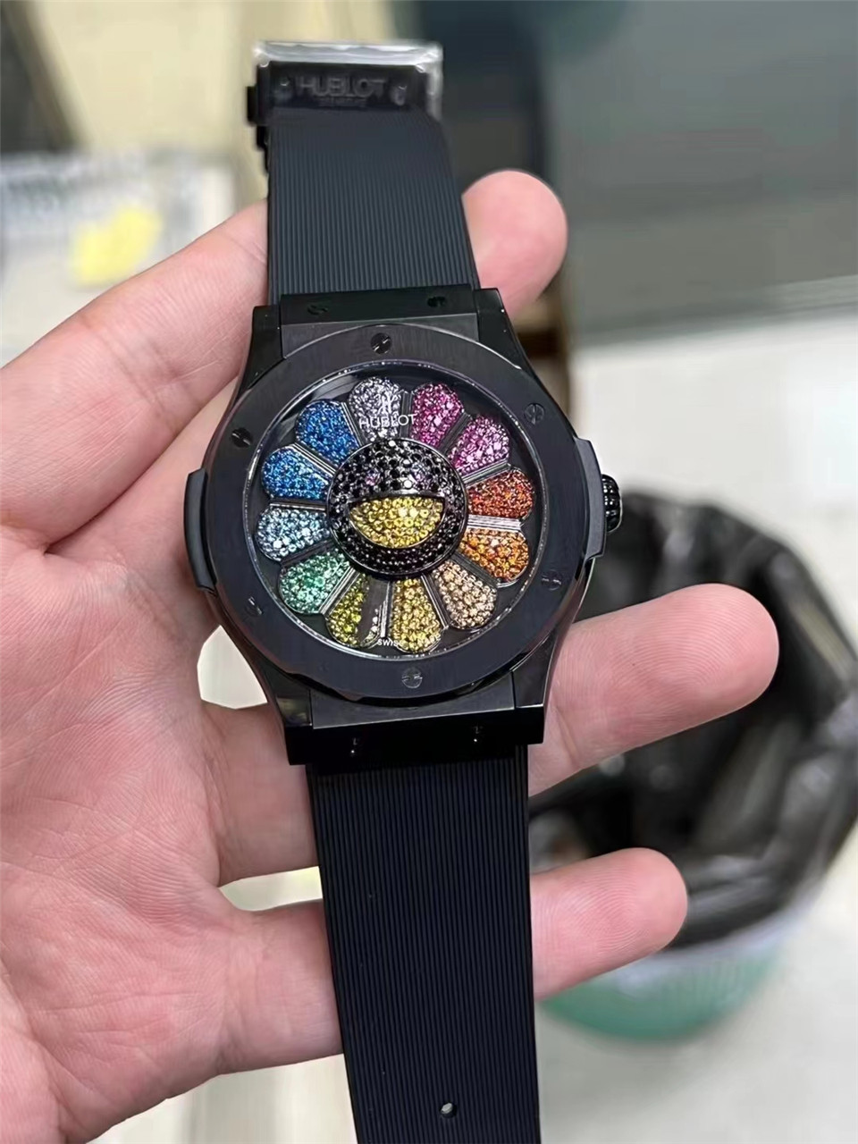 Classic Fusion Takashi Murakami 45mm Sunflower Dial in DLC on Rubber Strap
