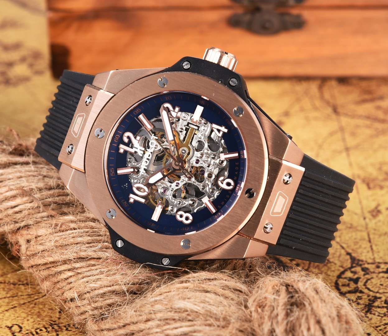 Hublot Unico Blue Big Bang 18K King Gold strap black