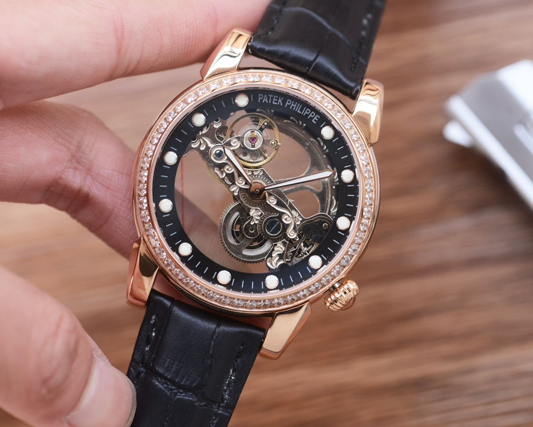 Patek Philippe Skeleton Leather Strap with Diamonds – Open-heart Patek Philippe Skeleton Leather Strap with Diamonds – Open-heart dial with rose gold bezel and black leather strap