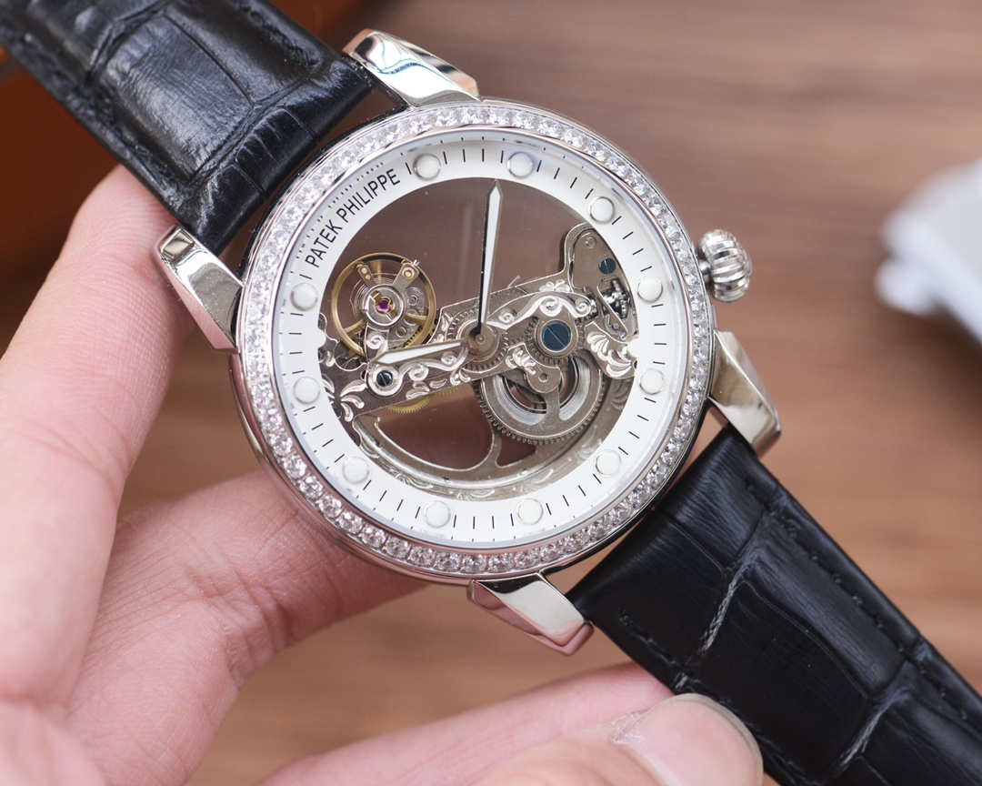 Patek Philippe Skeleton Leather Strap with Diamonds – Open-heart white dial with black leather strap